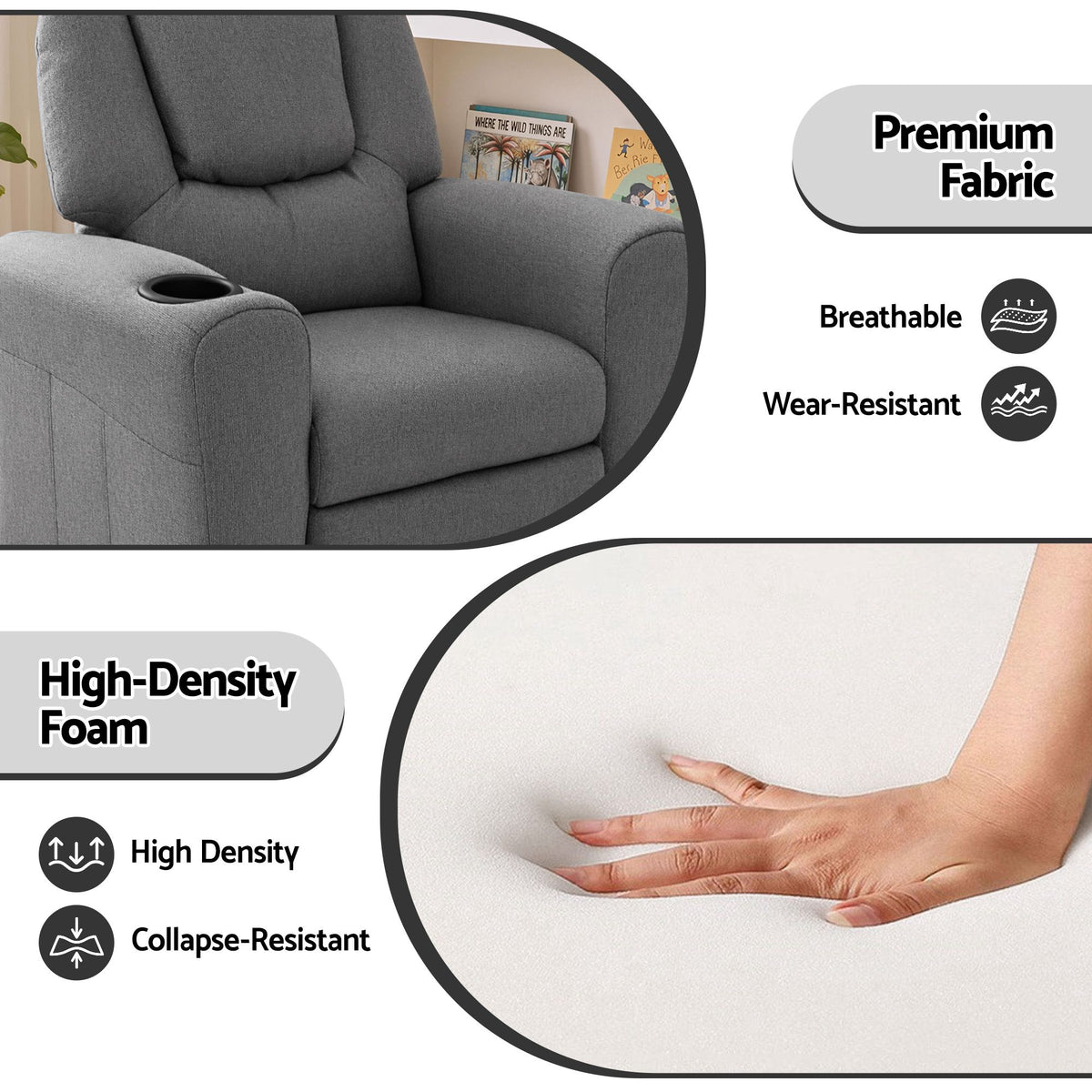 Kids Recliner Chair Linen Soft Sofa Lounge Couch - Grey