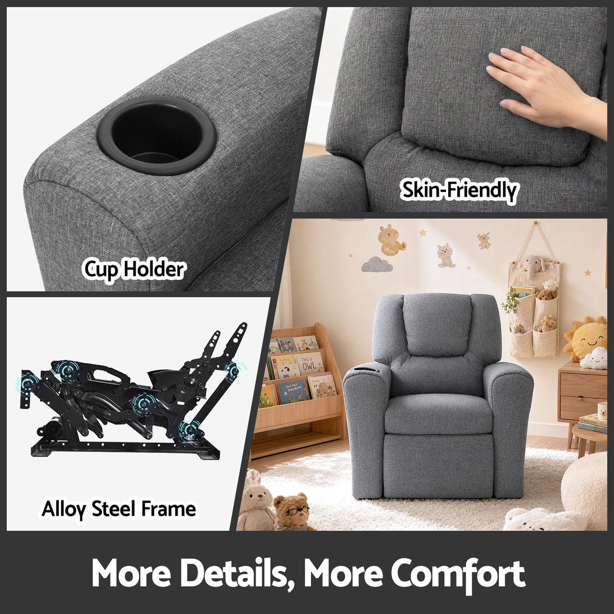 Kids Recliner Chair Linen Soft Sofa Lounge Couch - Grey