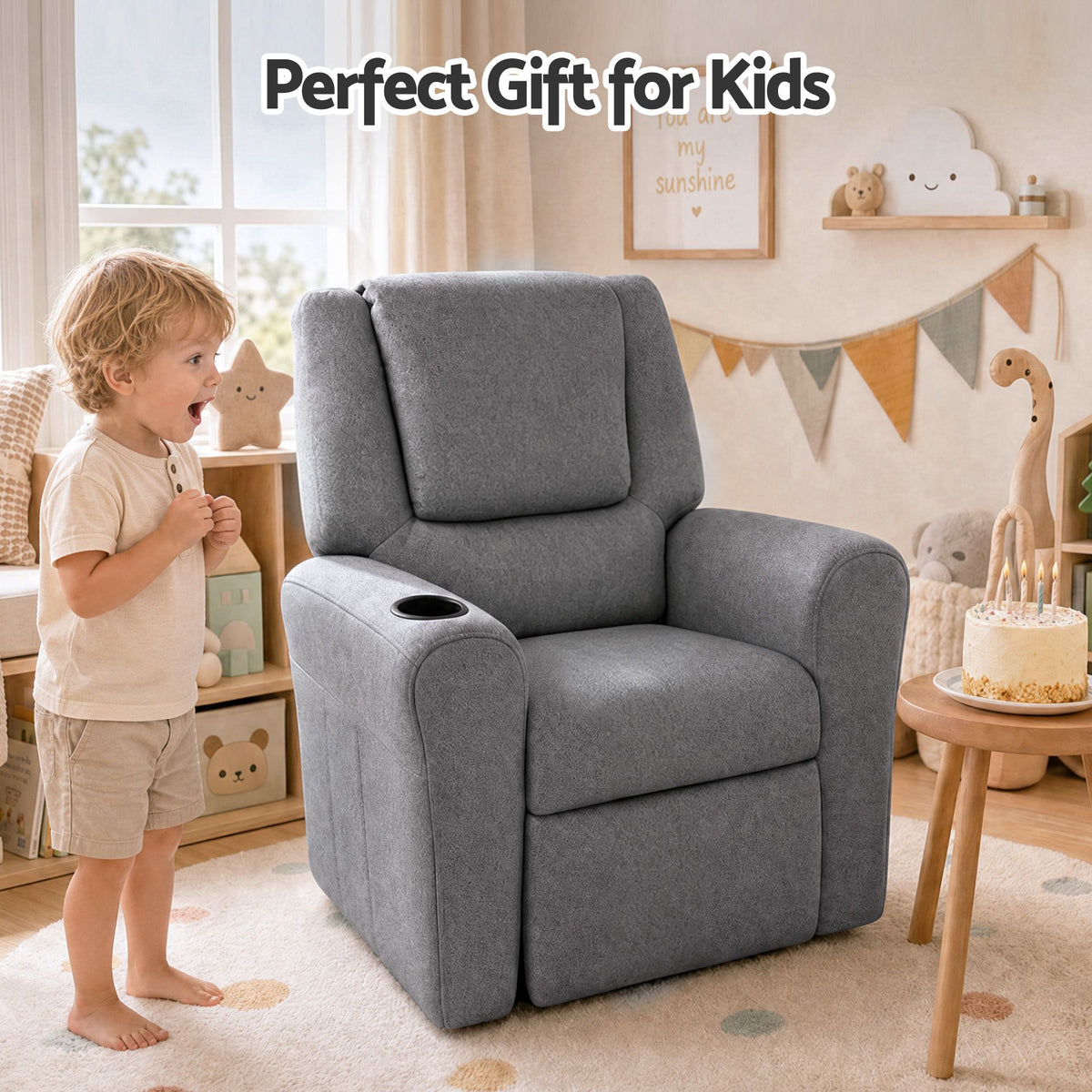 Kids Recliner Chair Linen Soft Sofa Lounge Couch - Grey