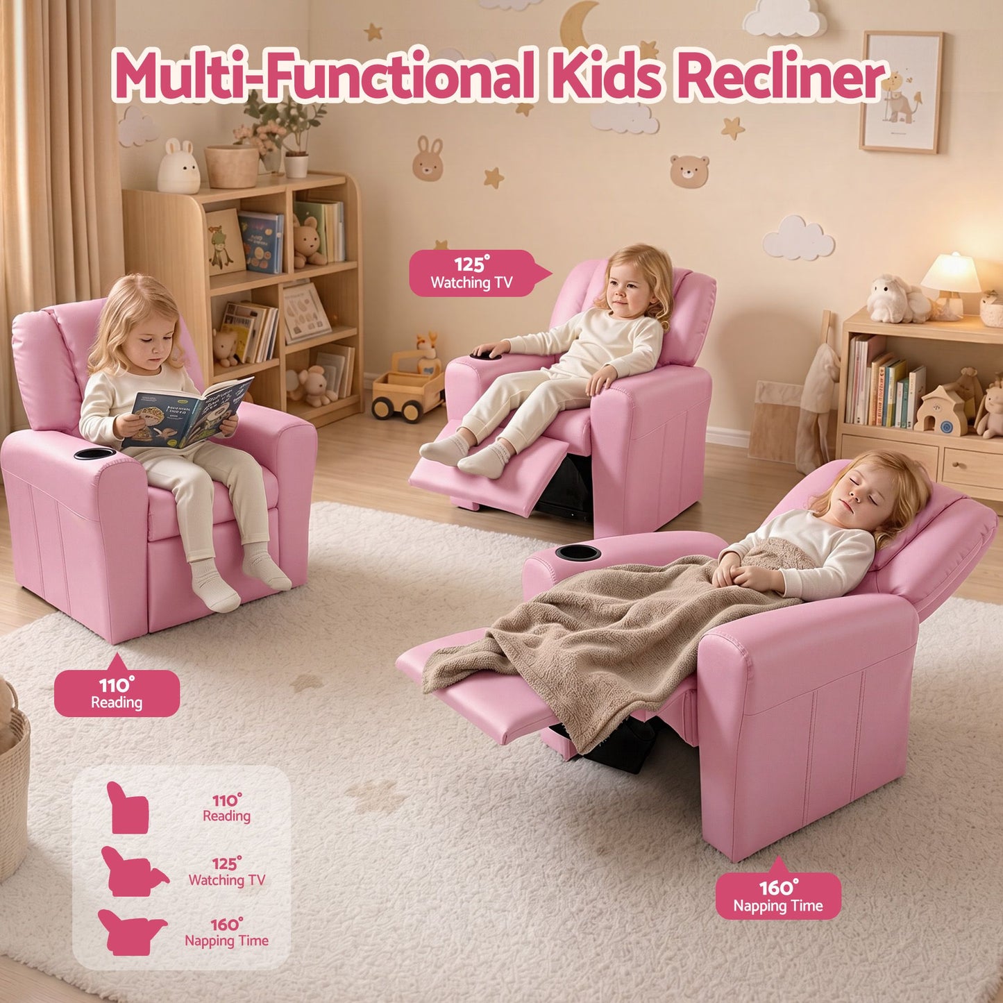 Kids Recliner Chair PU Leather Sofa Lounge Couch - Pink