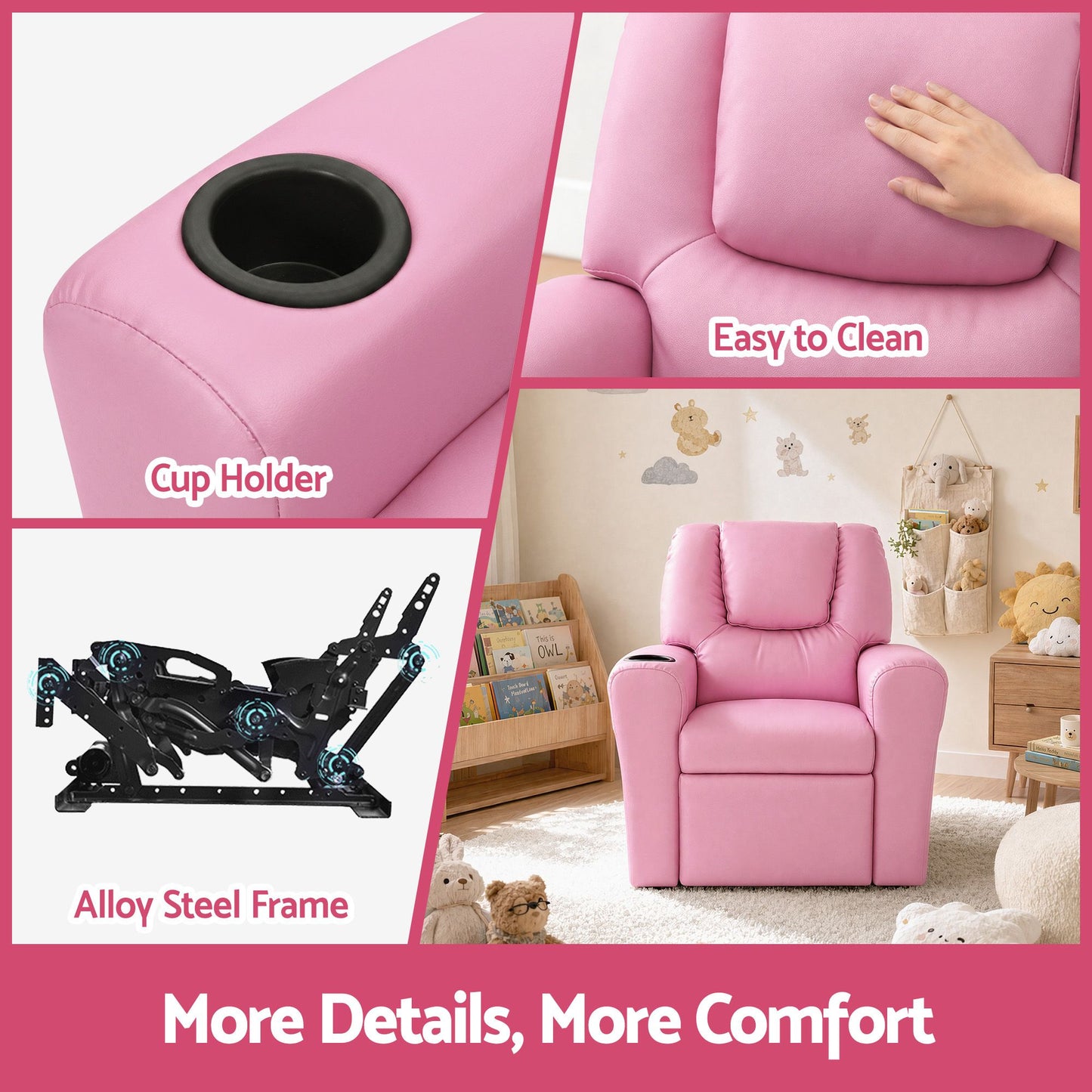 Kids Recliner Chair PU Leather Sofa Lounge Couch - Pink