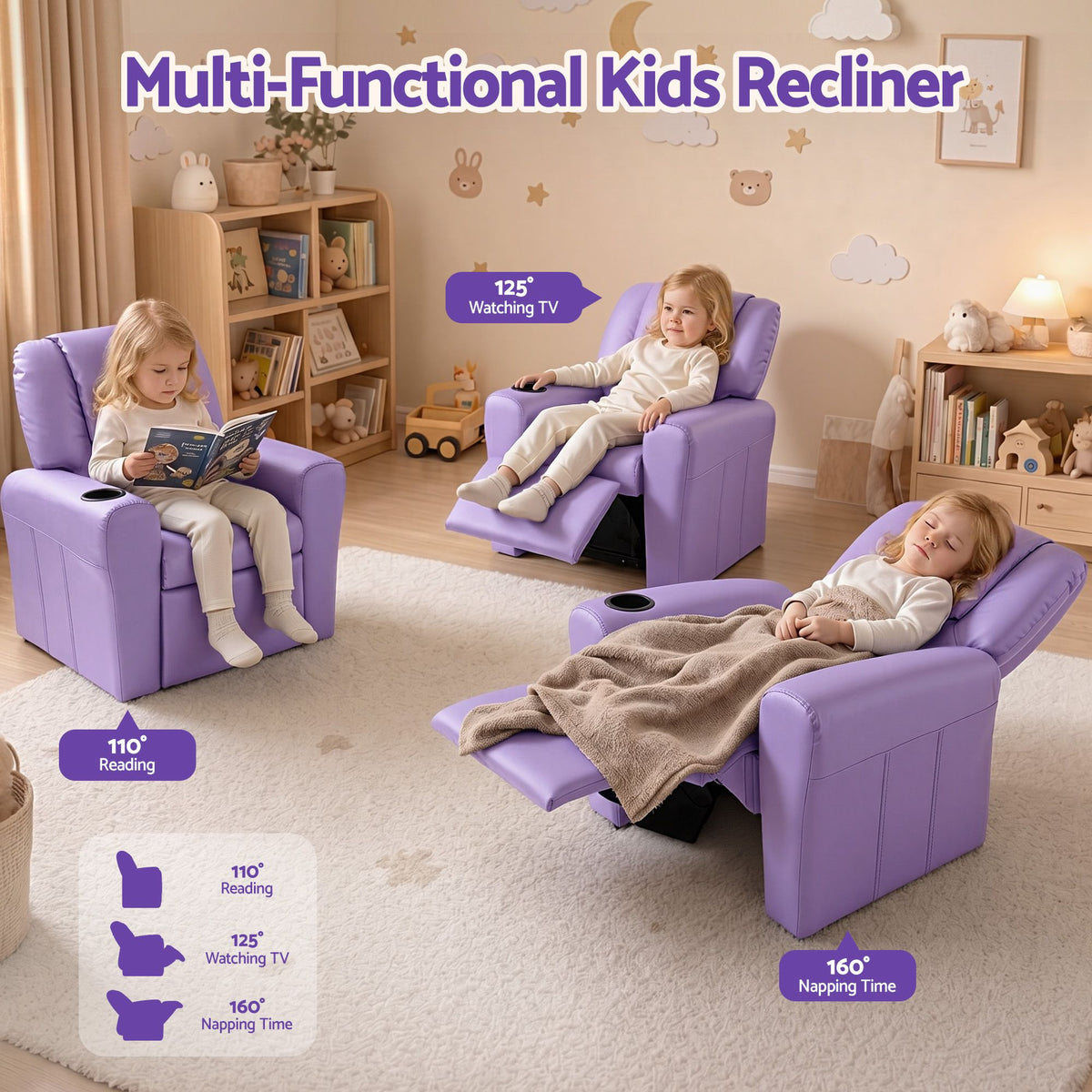 Kids Recliner Chair PU Leather Sofa Lounge Couch - Purple