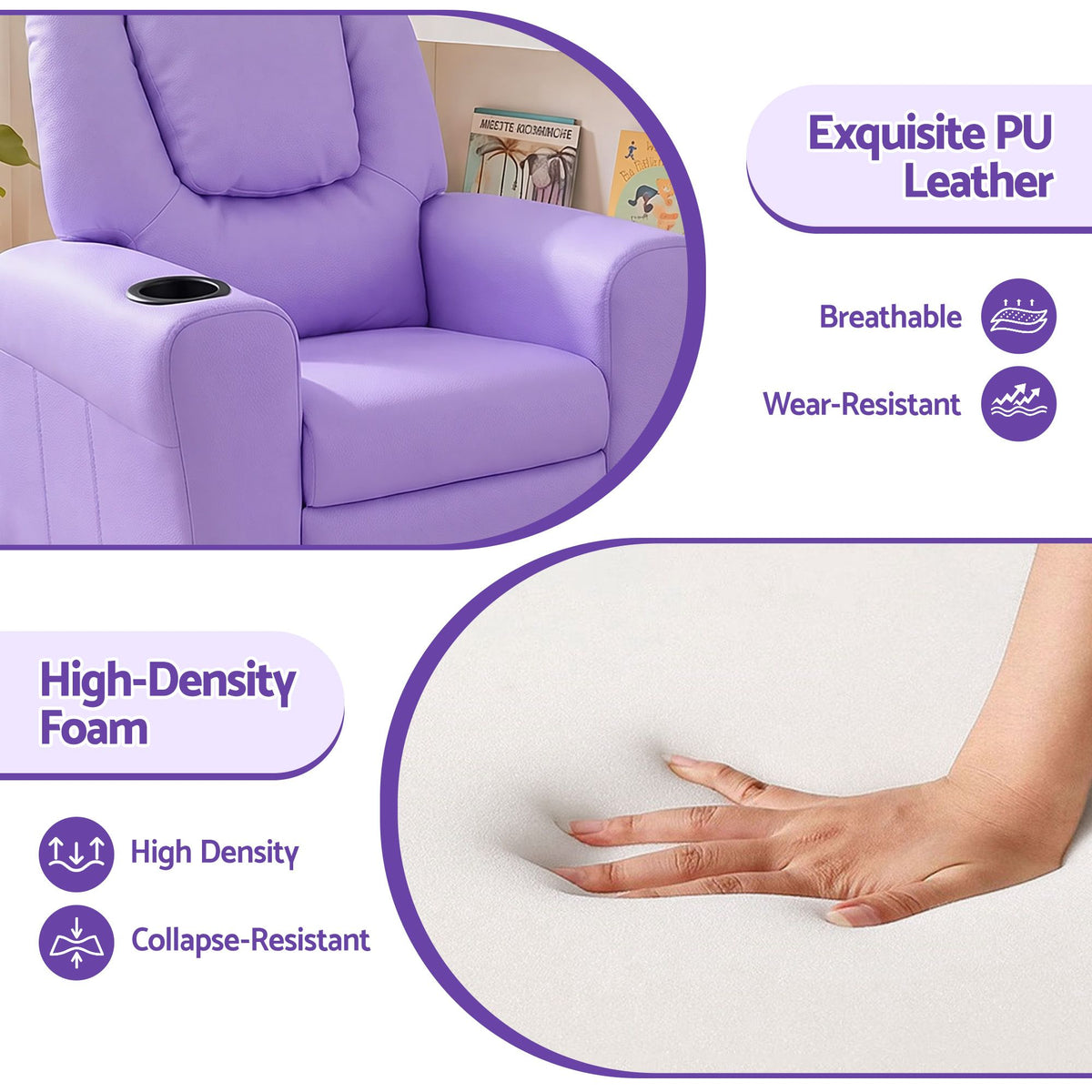 Kids Recliner Chair PU Leather Sofa Lounge Couch - Purple