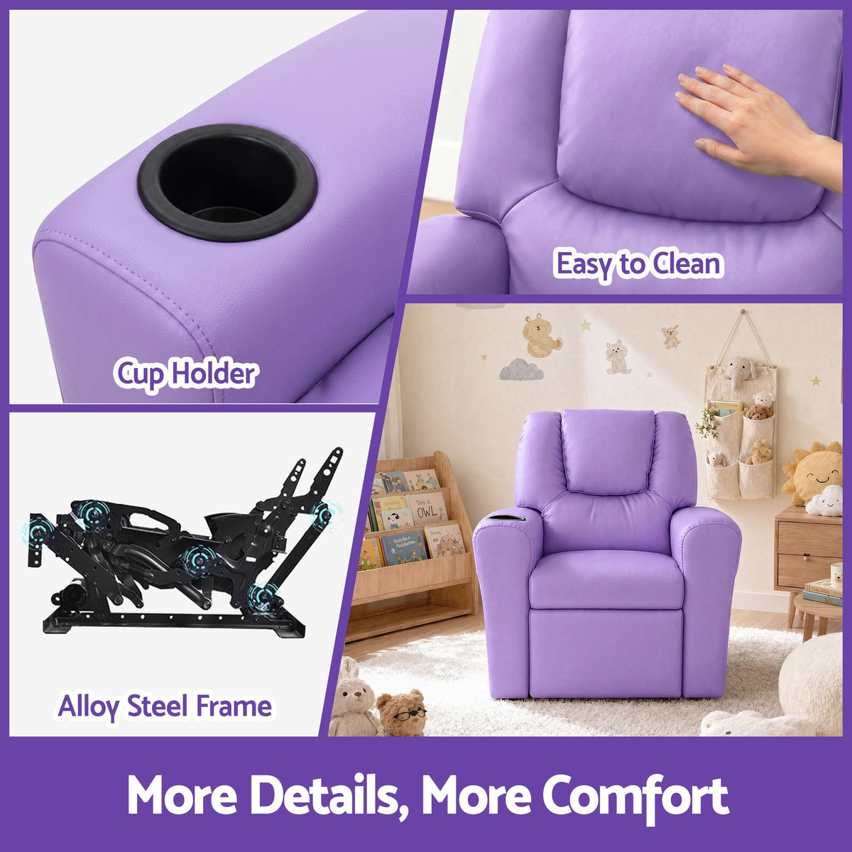 Kids Recliner Chair PU Leather Sofa Lounge Couch - Purple