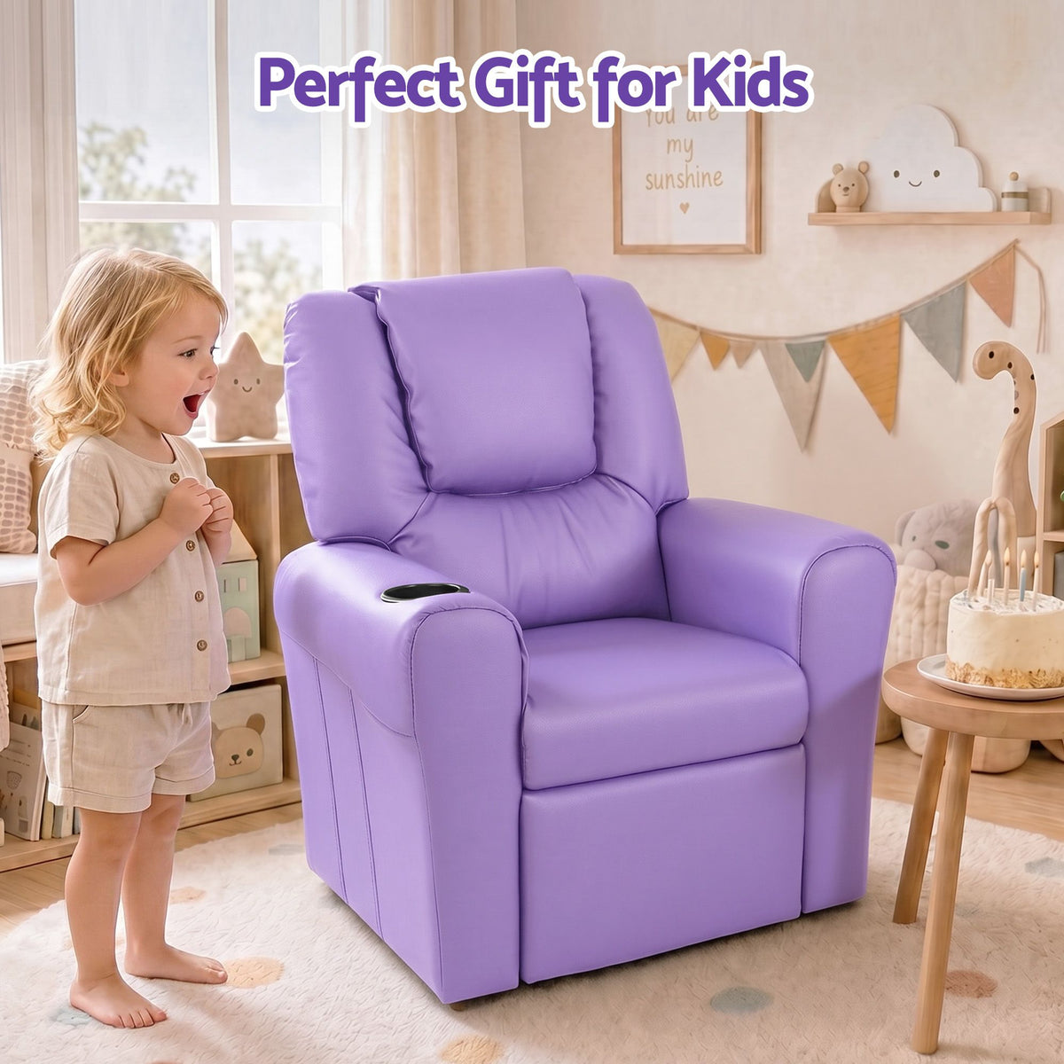 Kids Recliner Chair PU Leather Sofa Lounge Couch - Purple