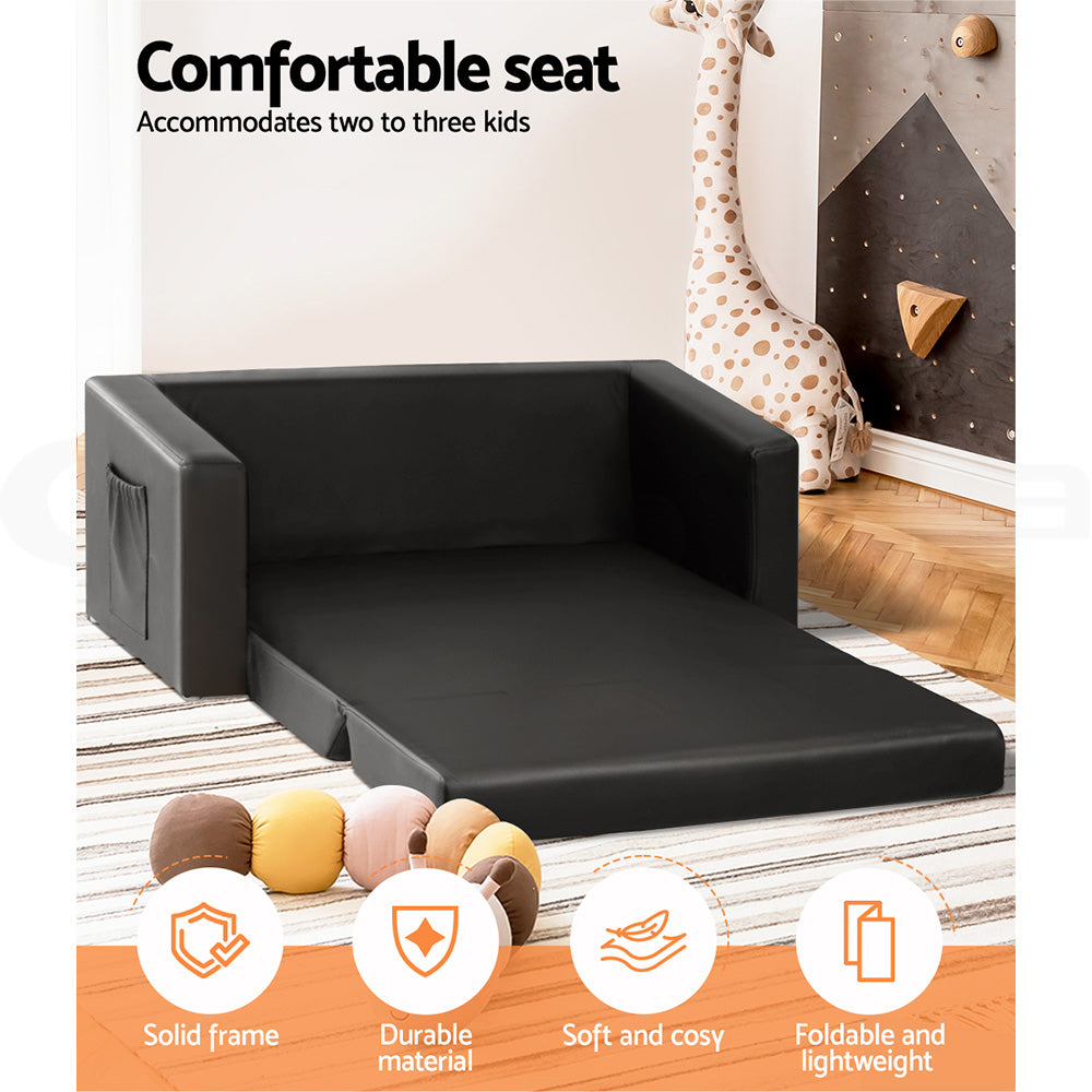 Kids Sofa 2 Seater Chair Flip Open Couch Armchair - Black