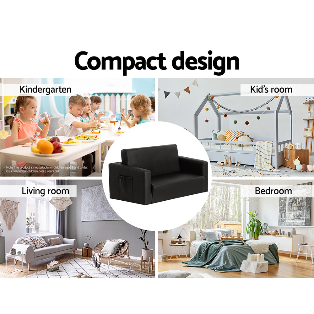 Kids Sofa 2 Seater Chair Flip Open Couch Armchair - Black