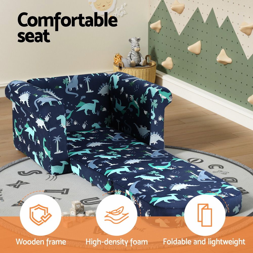 Keezi Kids Sofa 1 Seater Children Flip Open Couch Lounger Armchair Dinosaur Navy