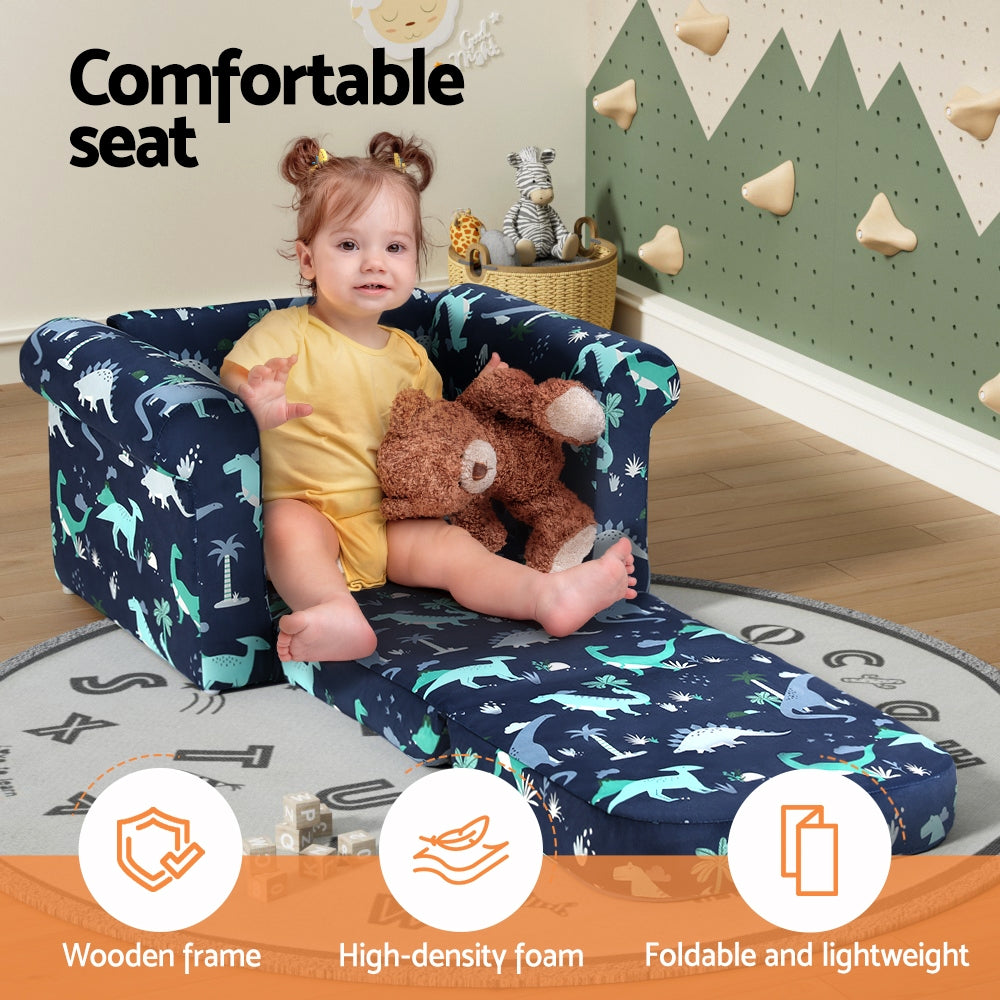 Keezi Kids Sofa 1 Seater Children Flip Open Couch Lounger Armchair Dinosaur Navy
