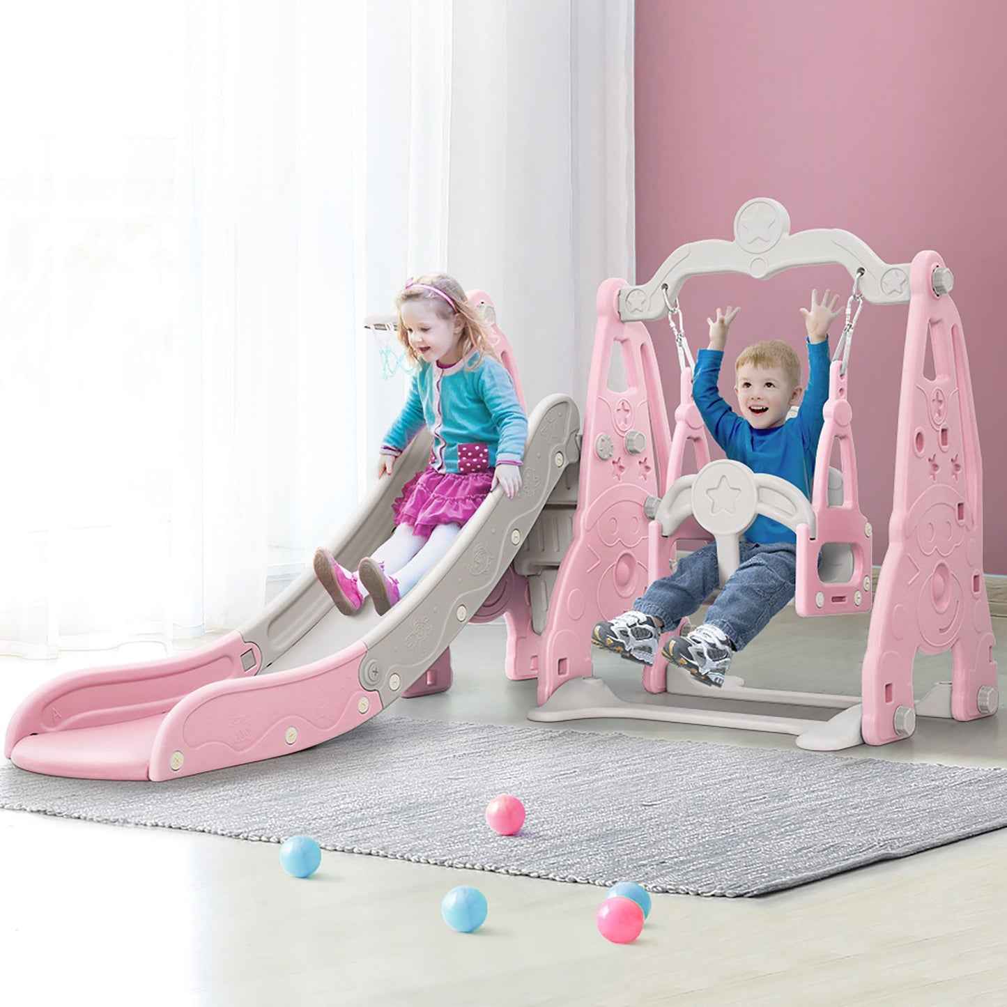 Kids Slide 170cm Extra Long with Swing and Basketball Hoop PlaySet - Pink