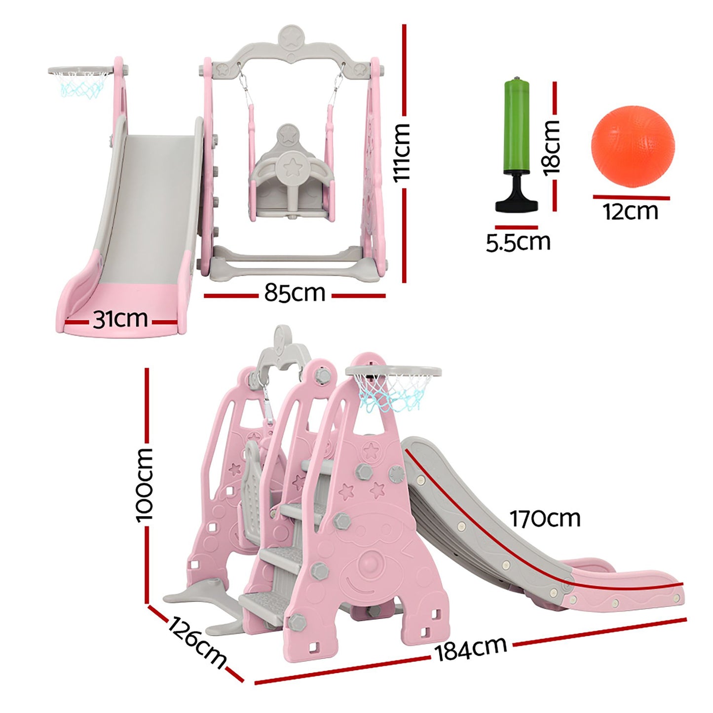 Kids Slide 170cm Extra Long with Swing and Basketball Hoop PlaySet - Pink