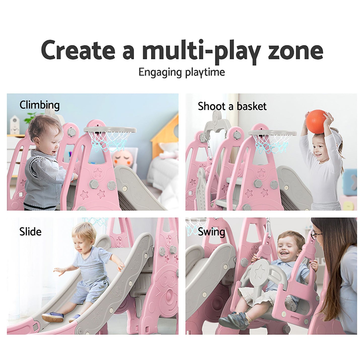 Kids Slide 170cm Extra Long with Swing and Basketball Hoop PlaySet - Pink