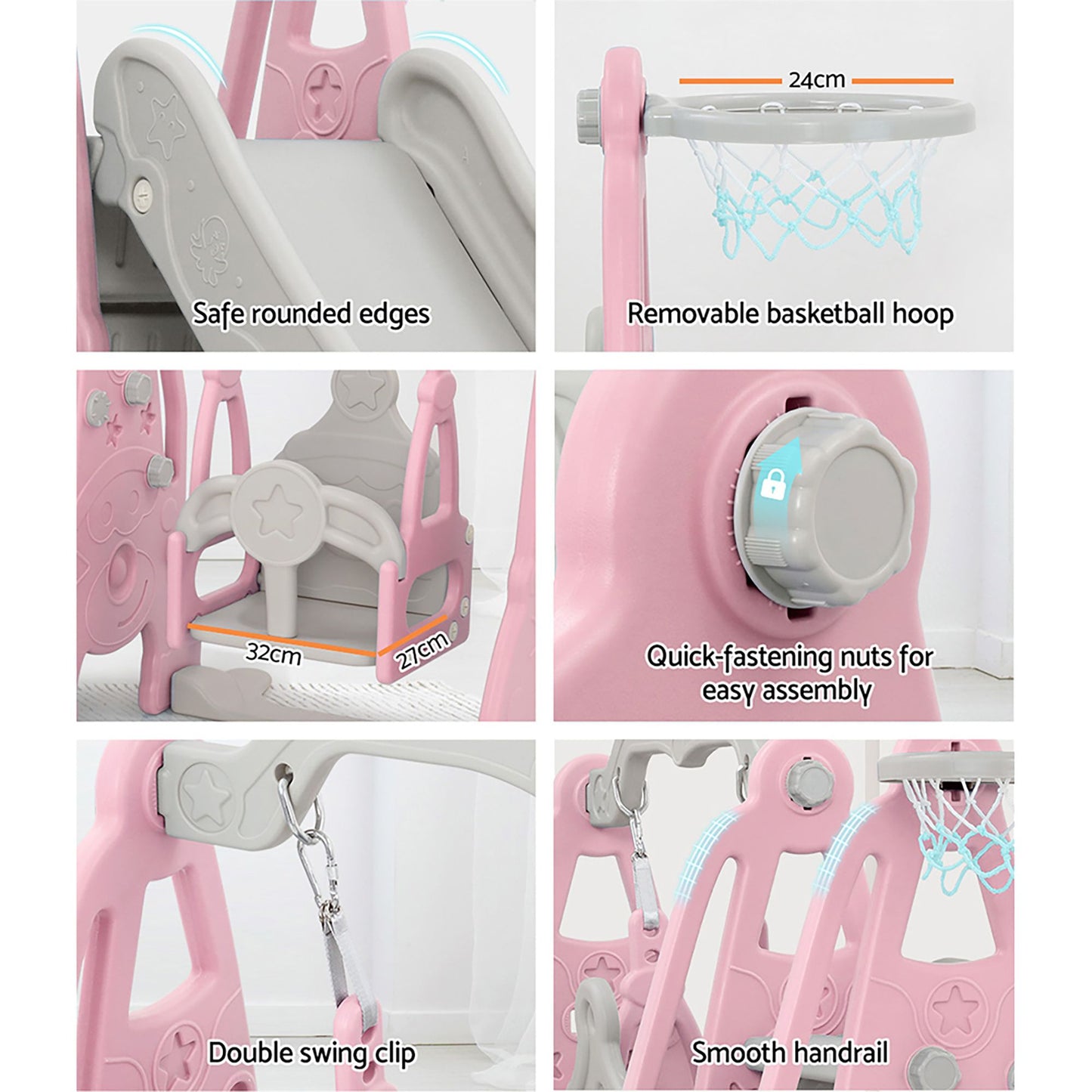 Kids Slide 170cm Extra Long with Swing and Basketball Hoop PlaySet - Pink