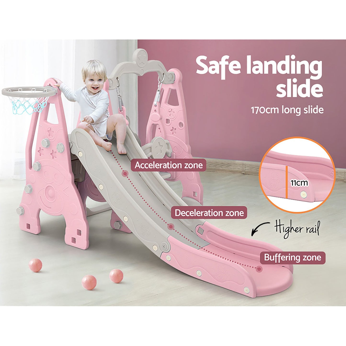 Kids Slide 170cm Extra Long with Swing and Basketball Hoop PlaySet - Pink