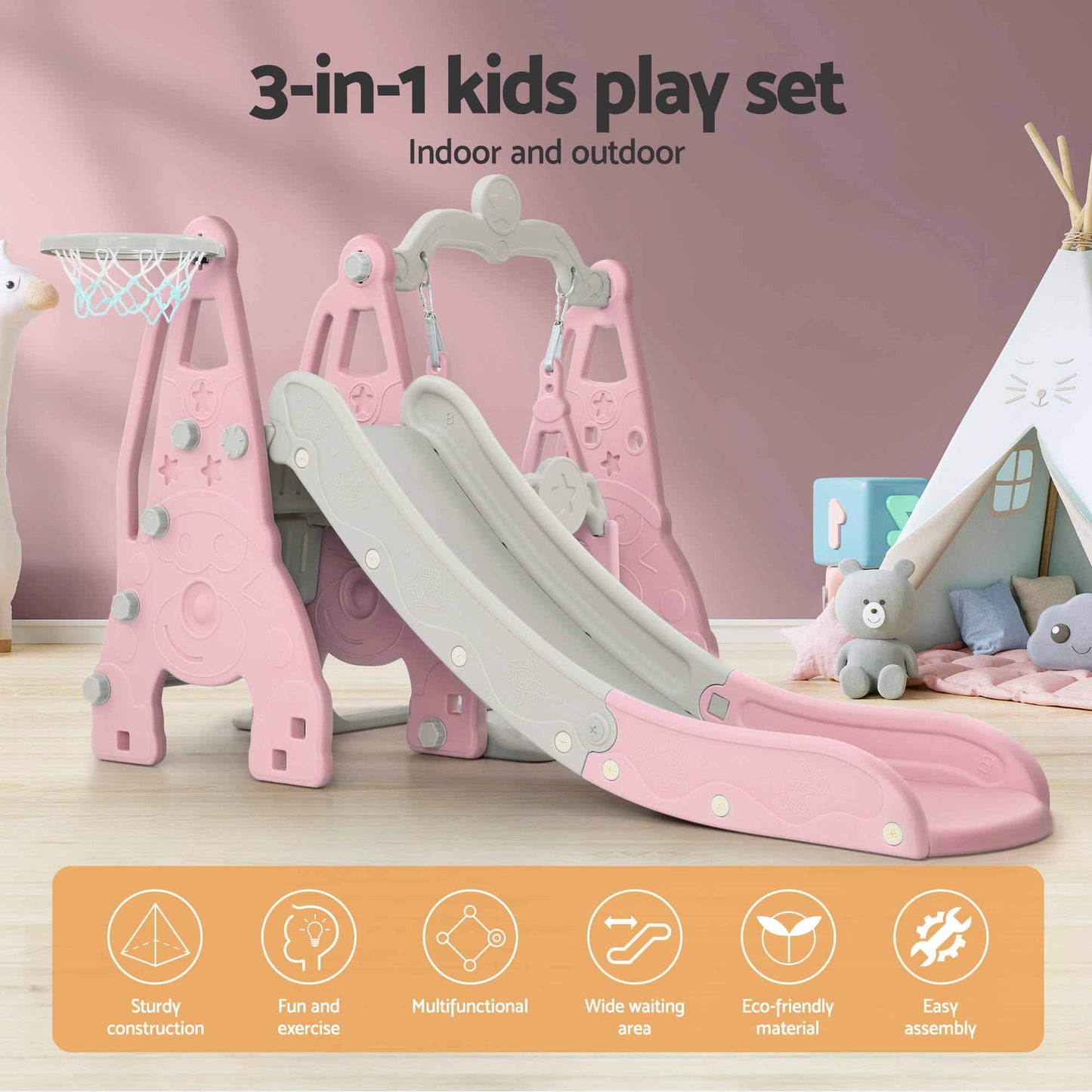 Kids Slide 170cm Extra Long with Swing and Basketball Hoop PlaySet - Pink
