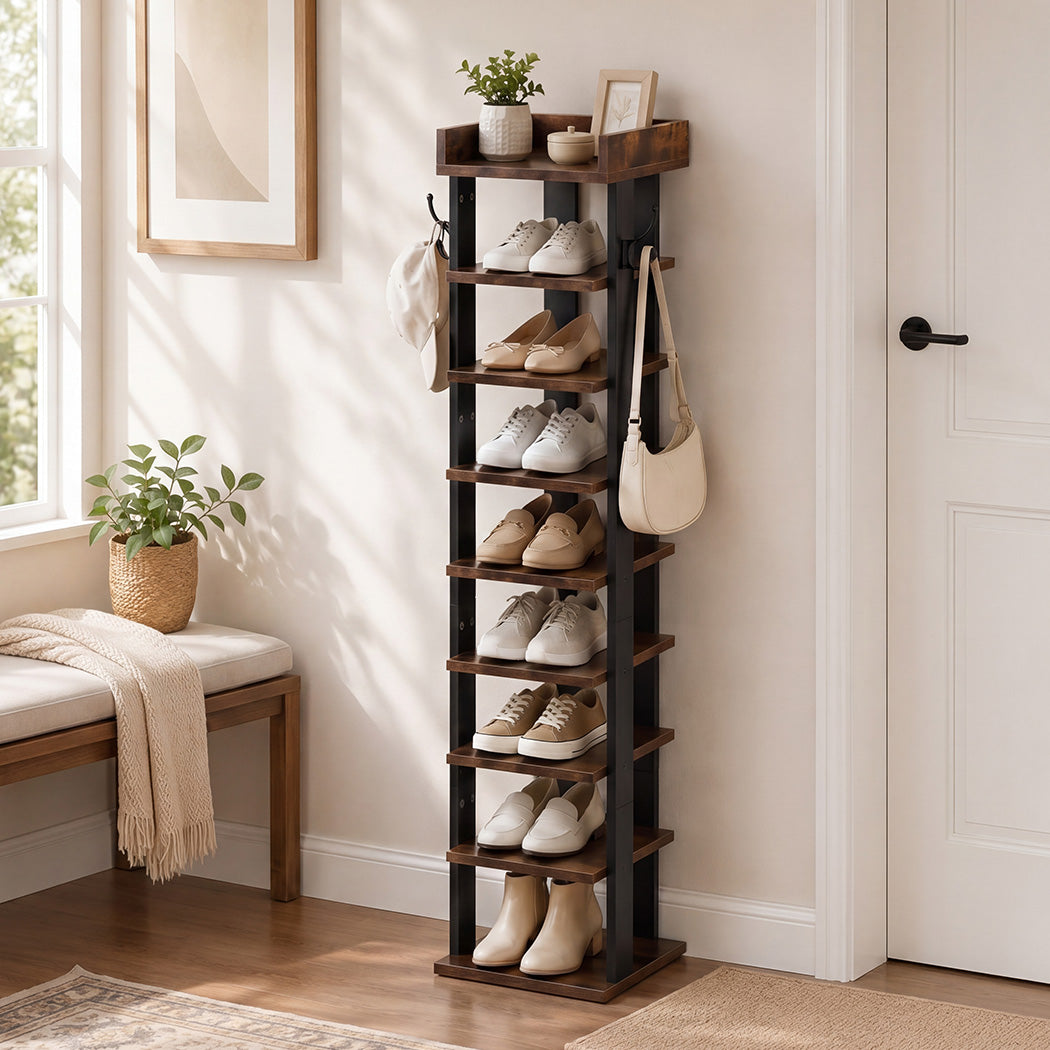 Levede Narrow Shoe Rack Vertical 9-Tier Shoe Storage Organiser Shelf Side Hooks