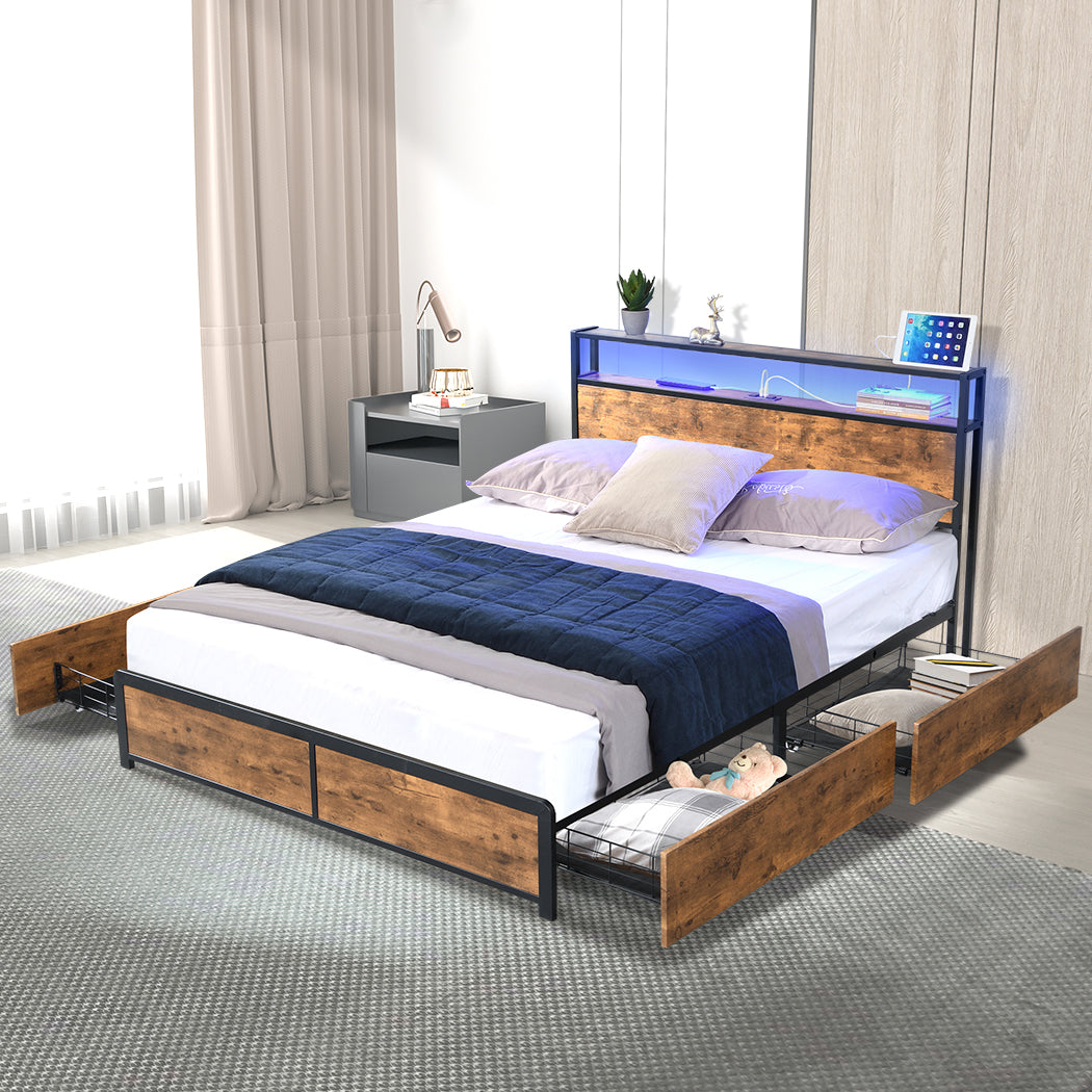 Levede Double Bed Frame RGB LED 4 Drawers USB