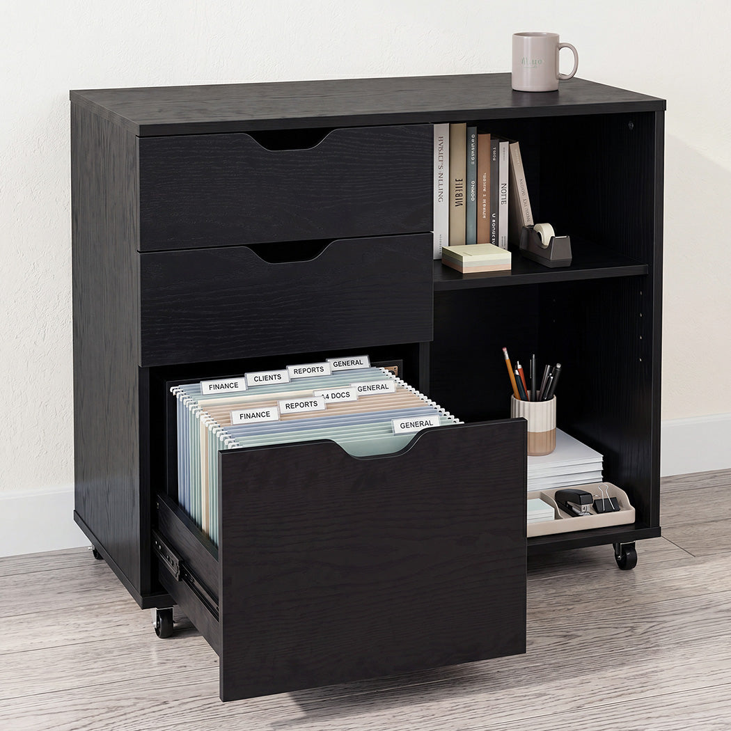 Levede Desktop Filing Cabinet 3 Drawers With Adjustable Shelf for Office Black