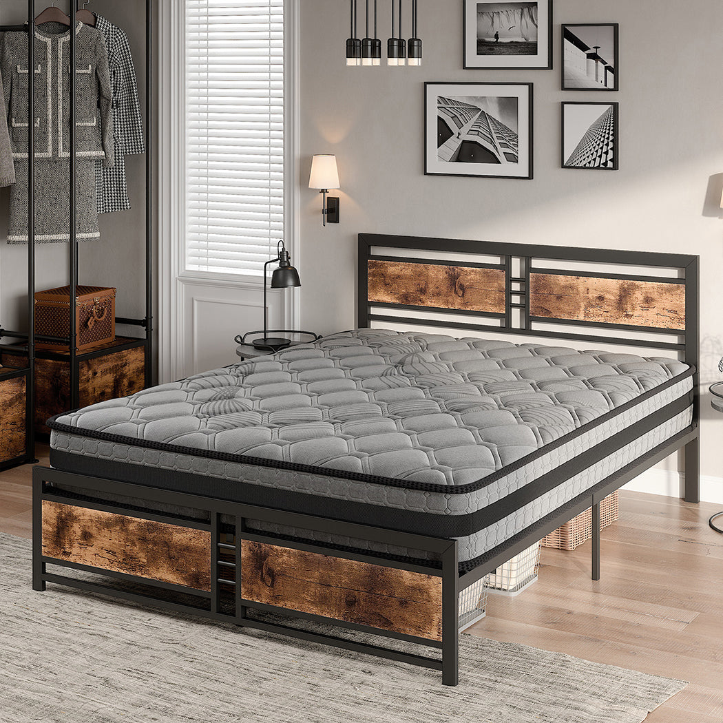 Metal Bed Frame Mattress Base Set Wood Queen