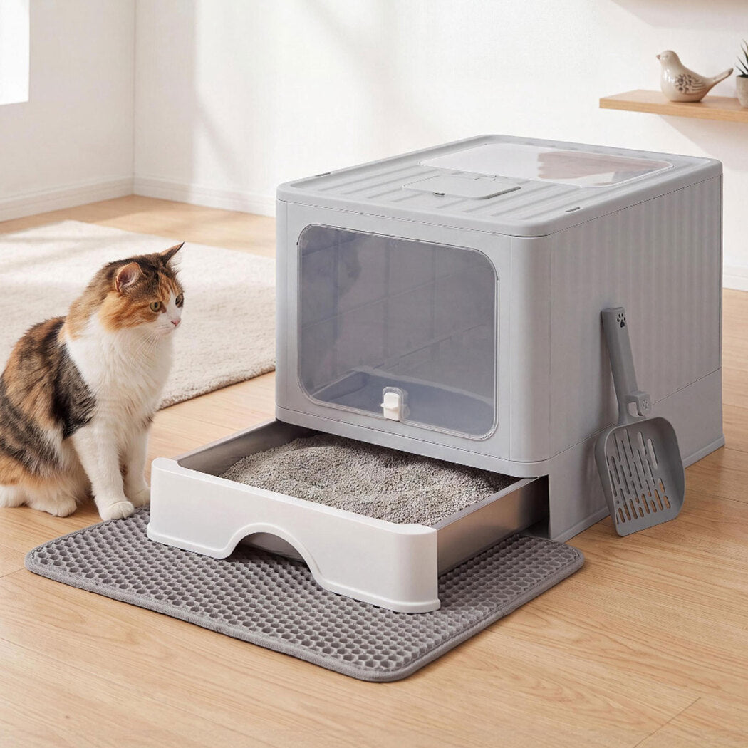 PaWz Cat Litter Box Stainless Steel Enclosed Drawer Odor Control Foldable Grey