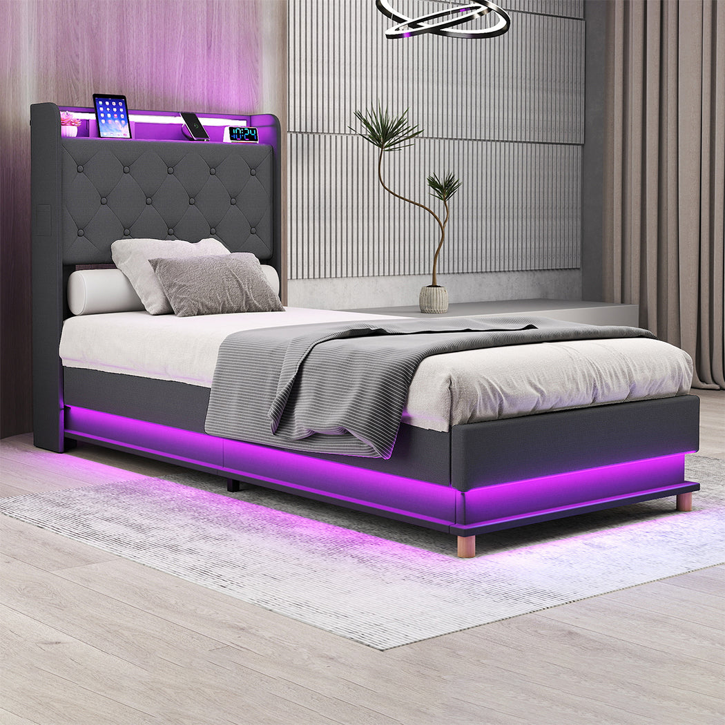 Levede Single Bed Frame Gas Lift Storage LED Light USB