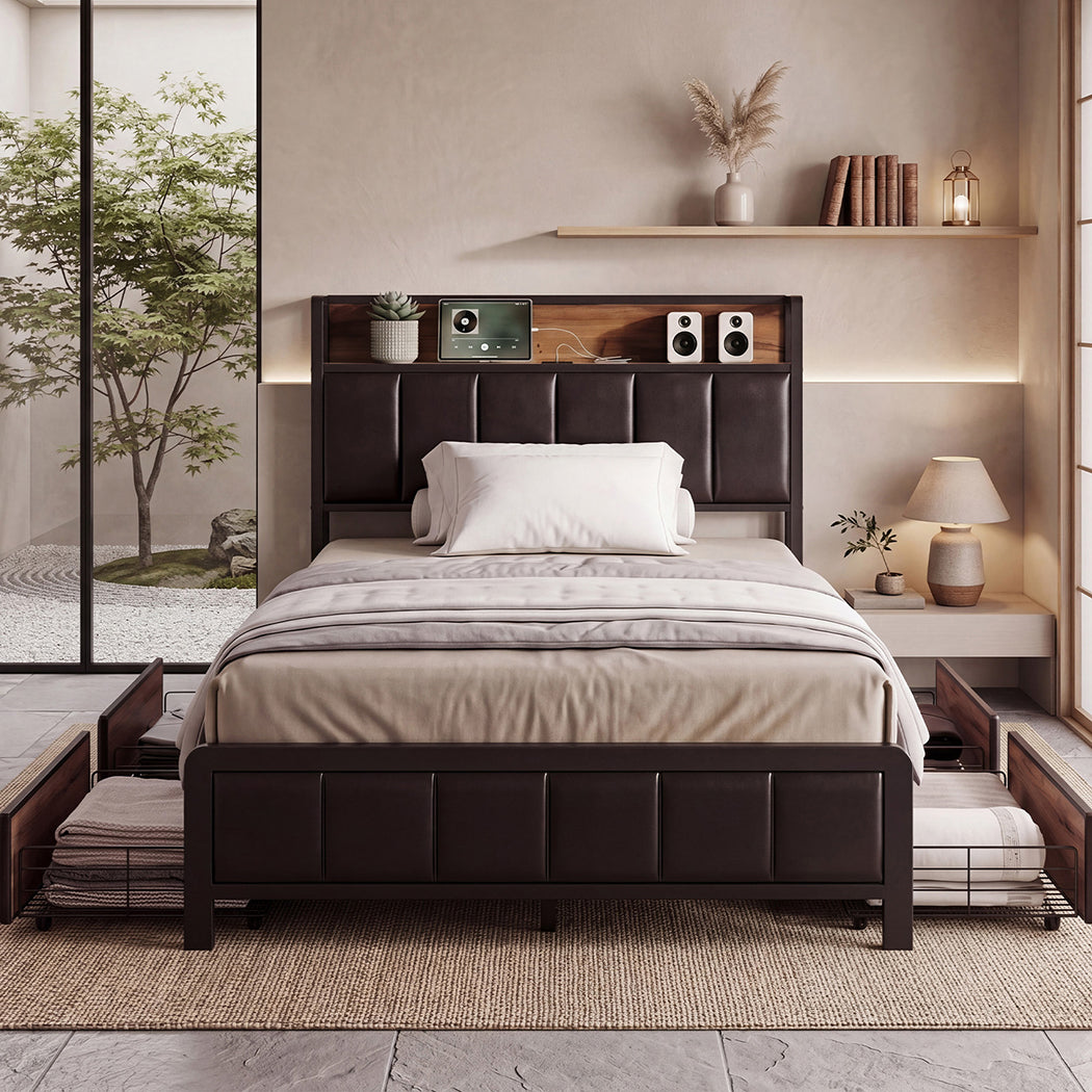 Levede Single Bed Frame PU Mattress Base Storage Drawer Headboard USB Charge