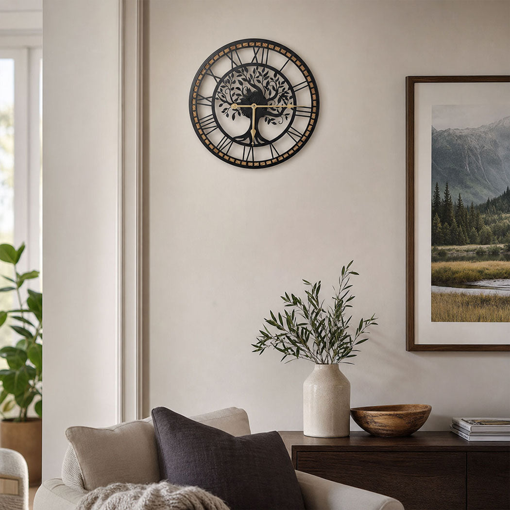 Yezi Wall Clock 40cm Vintage Tree Design Silent Quartz Iron Wood Black