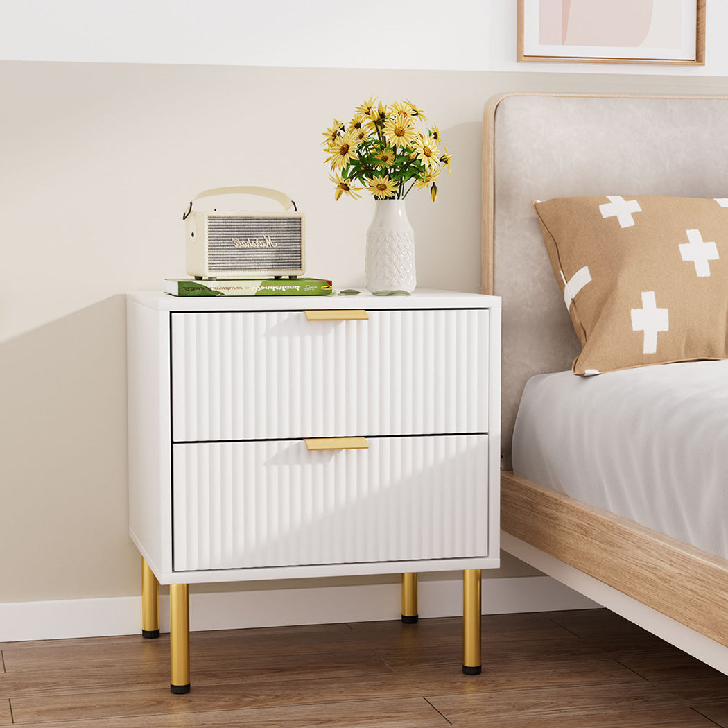 Levede Bedside Table with 2 Drawers White Metal Legs