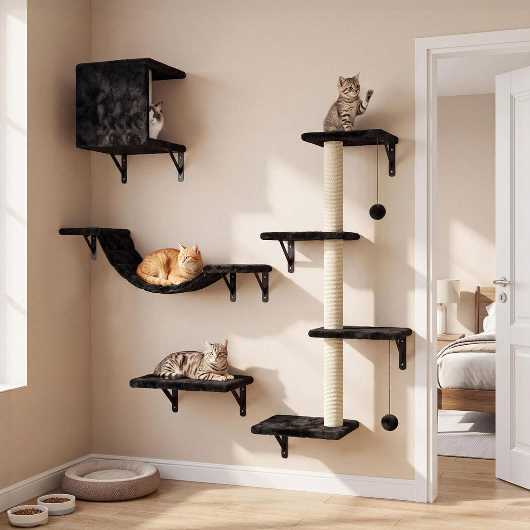PaWz Cat Wall Shelves set 4 In 1 Modular with Sisal Scratcher for Indoor Black