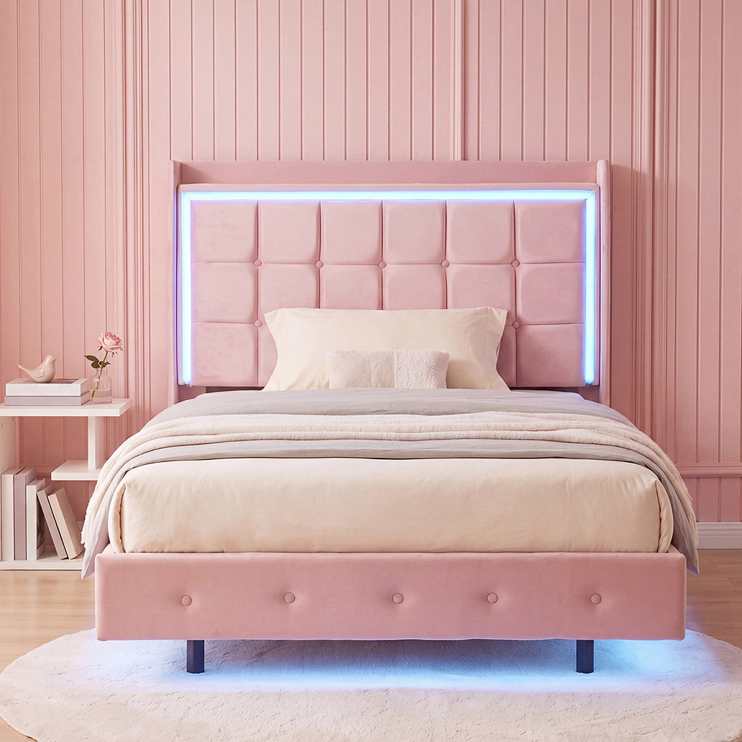 Levede King Single Floating Bed Frame With RGB LED Light Headboard USB Charge