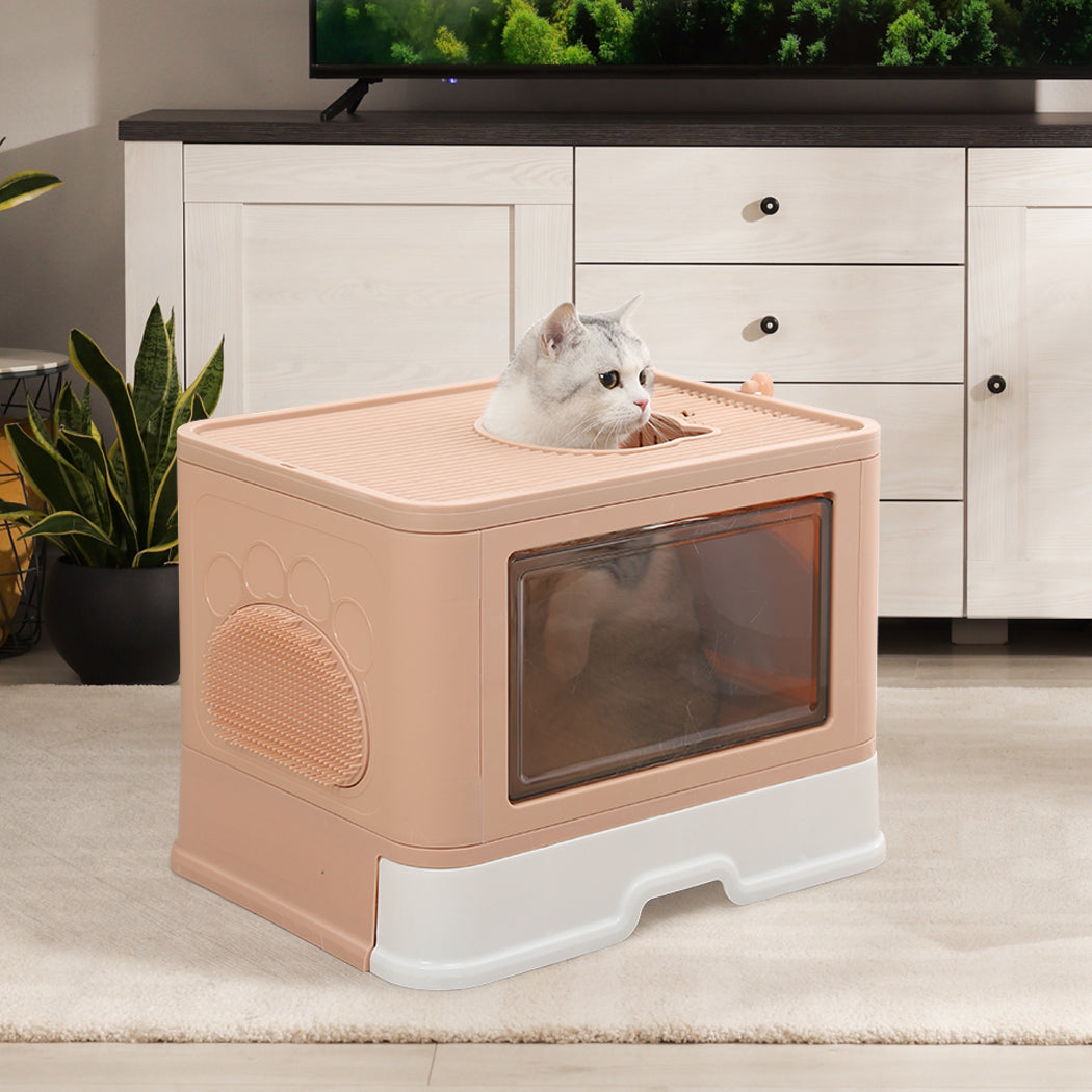 PaWz Foldable Cat Litter Box Tray Enclosed Pink