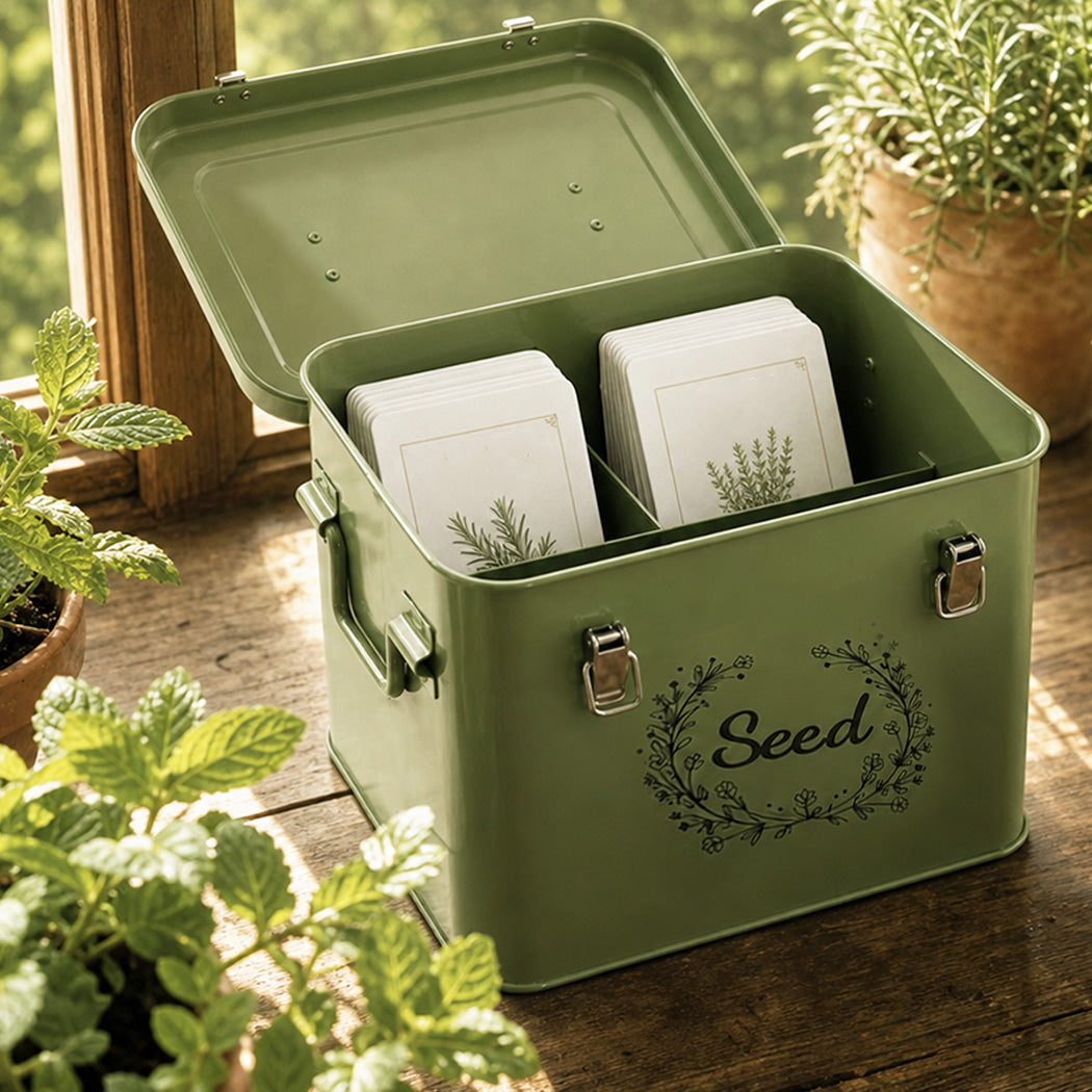 Toque Seed Storage Box Seed Organiser with 3 Compartments Metal Dark Green