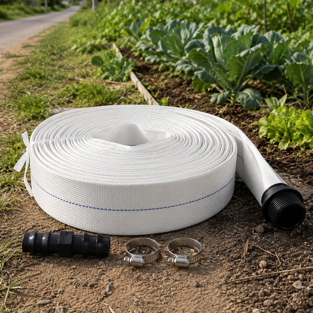 Traderight Hose Pipe Heavy 20m x 25mm Layflat PVC Pump Drainage with Clips White