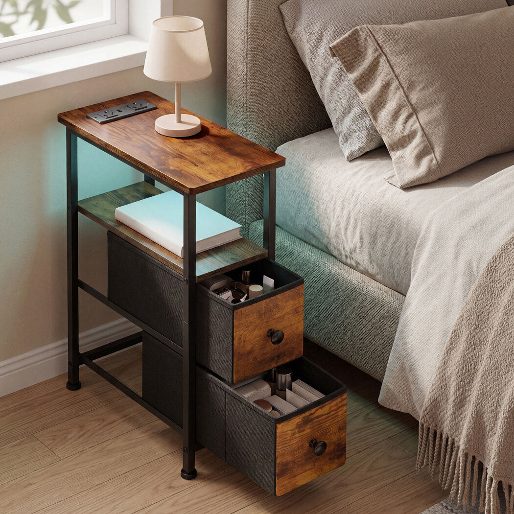 Levede Bedside Table Narrow Side Table with LED Charging Station Brown