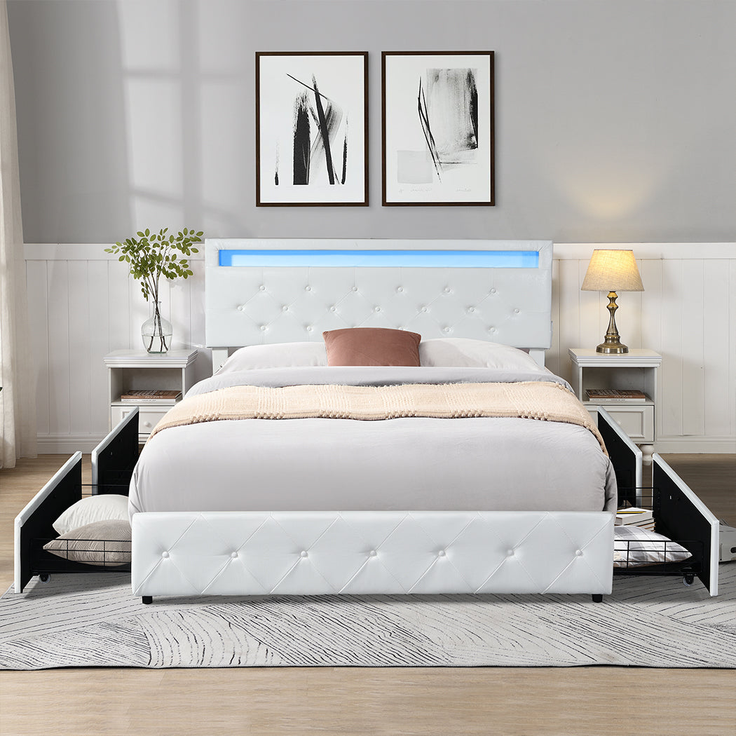 Levede Double Bed Frame RGB LED PU 4 Drawer USB