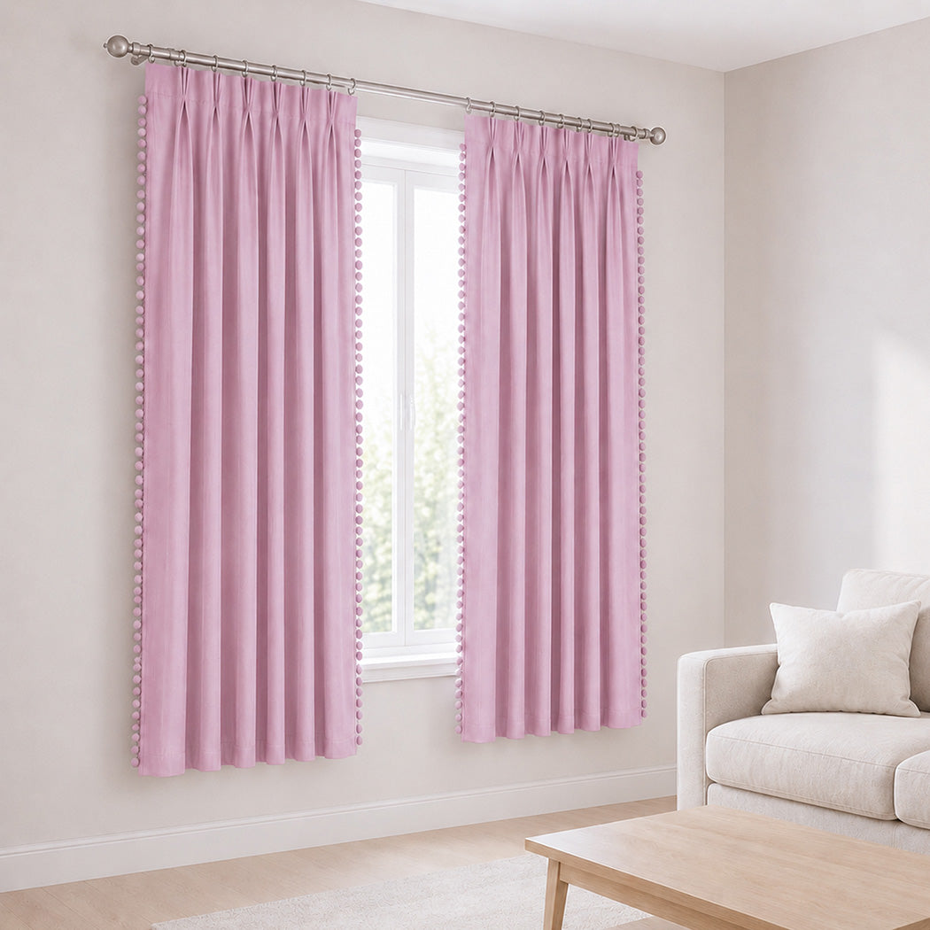 Marlow Blackout Curtains Pink 2 Panels Thermal Insulated Pom Pom 132cm x 213cm