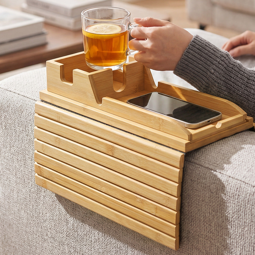 Levede Bamboo Sofa Arm Tray Cup Holder Detachable Couch Side Table Non-Slip