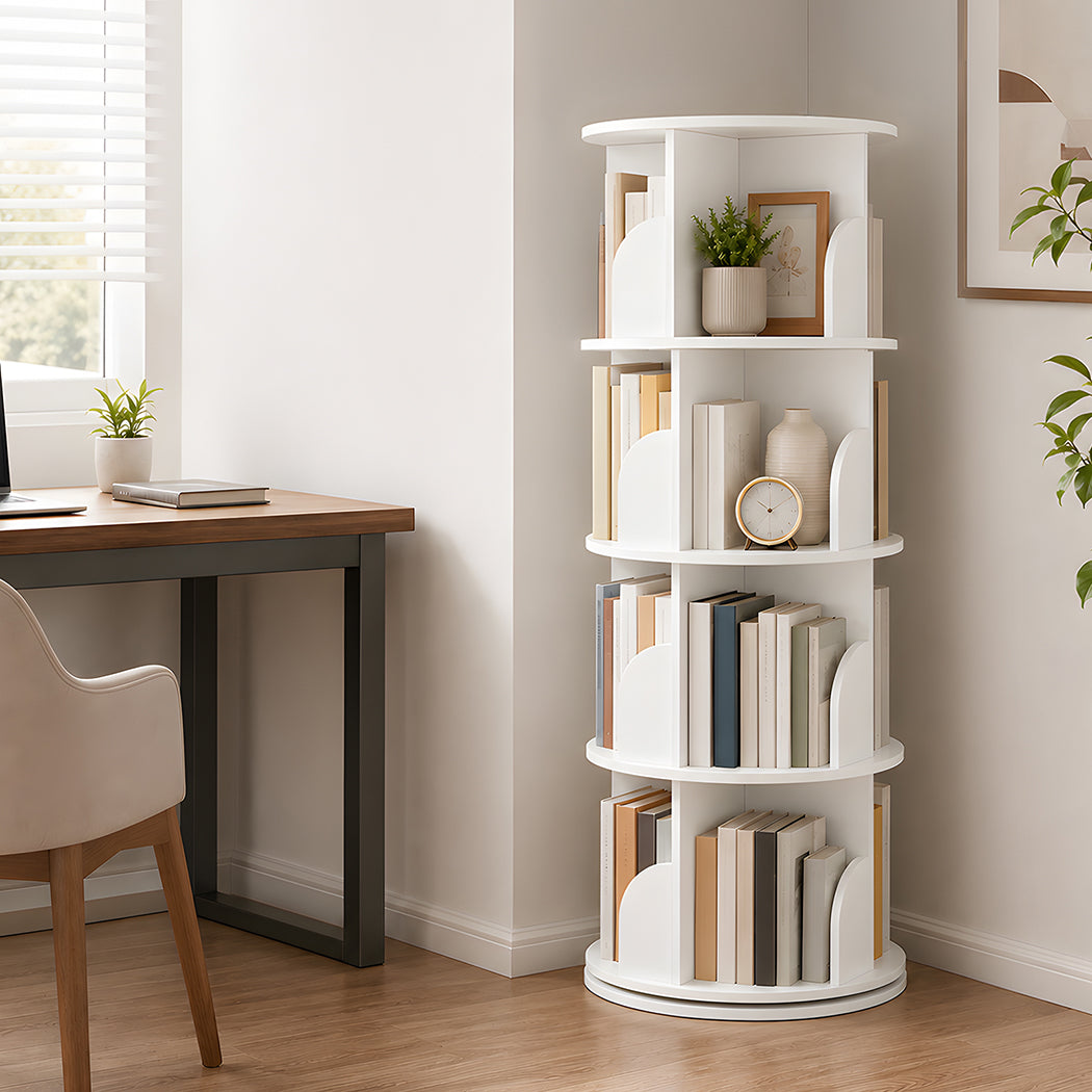 Levede Rotating Bookshelf 4 Tier Book Storage 360 Swivel Space Saving White