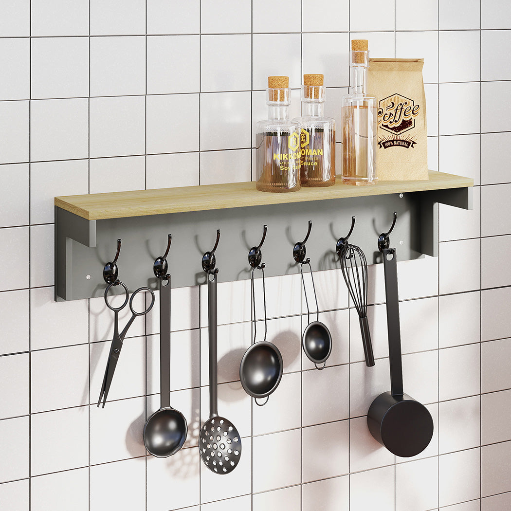 Levede Coat Rack Wall Mounted Shelf 7 Double Hooks Storage Entryway Hallway Grey
