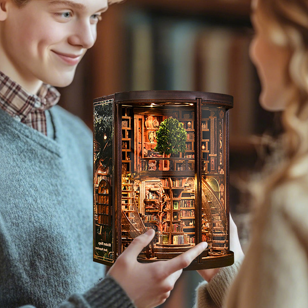 Bo Peep Book Nook Kit 356Pcs LED Miniature Library House For Bookshelf Walnut