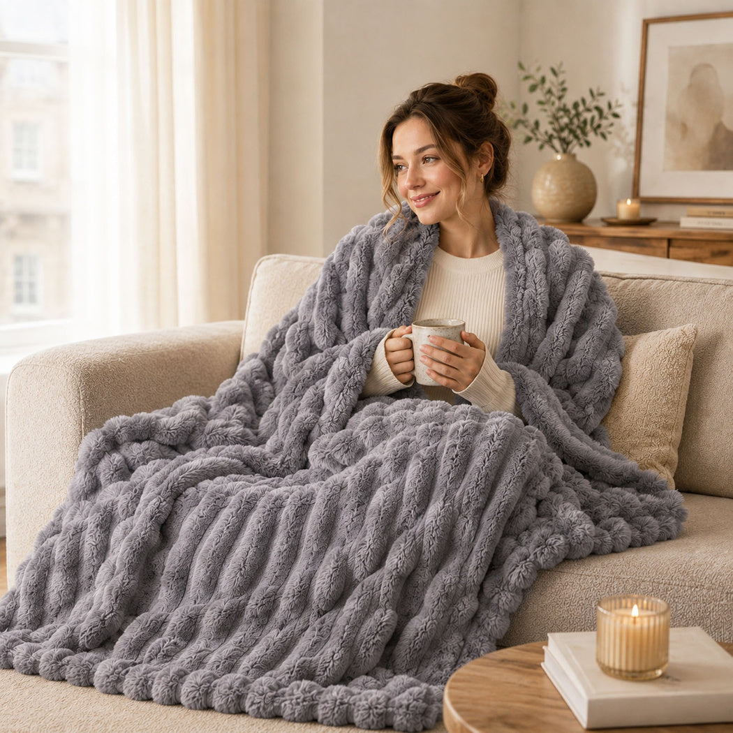 DreamZ Throw Blanket Fluffy Bubble Sofa Blanket Washable 130x150cm Gray