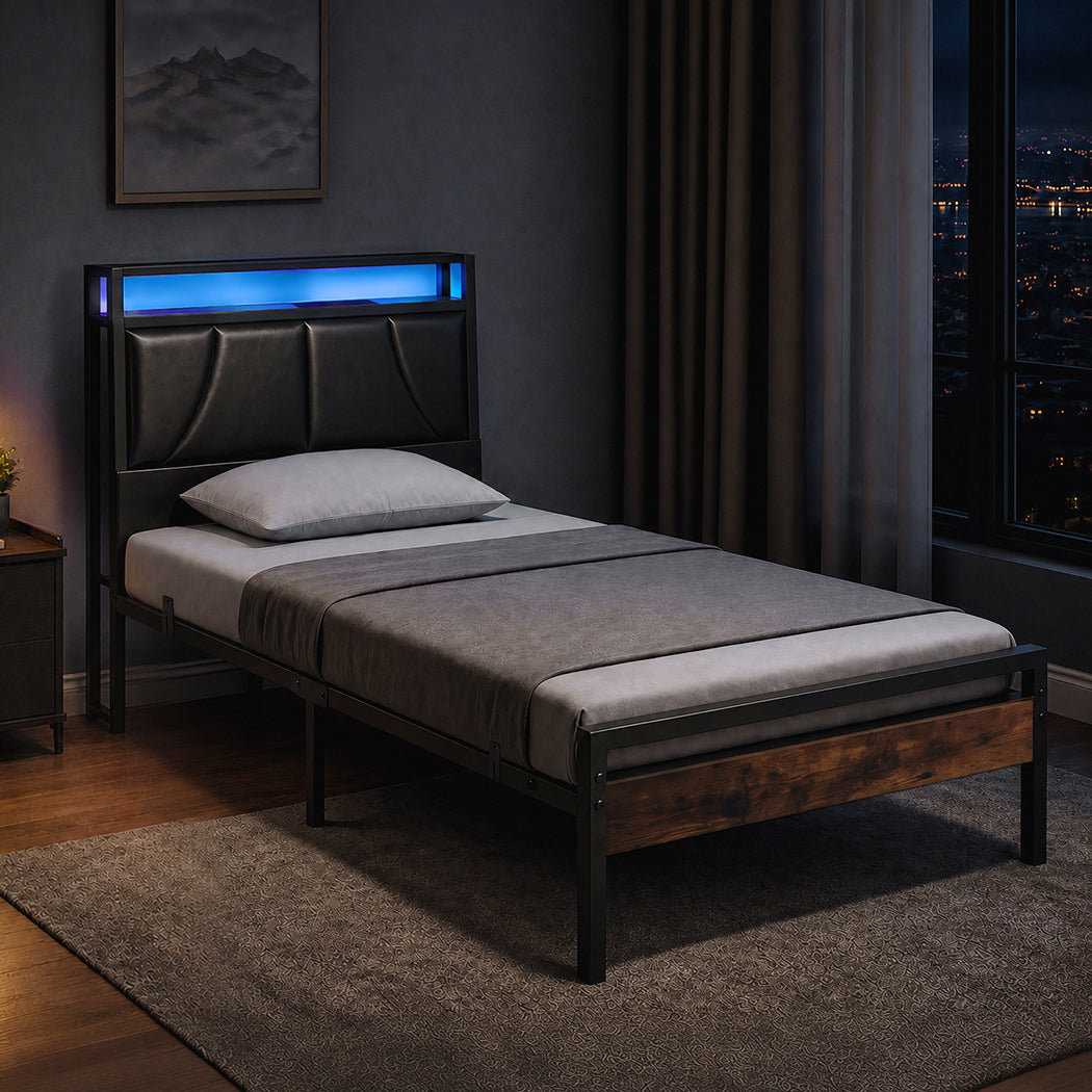 Levede Single Bed Frame PU Upholstered LED Storage Headboard Charging Home Black