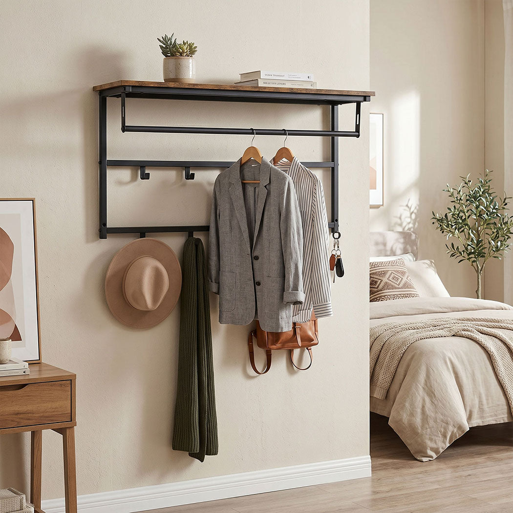Levede Floating Shelves 10kg Wall Shelf Hooks Coat Rack Metal Wood Black