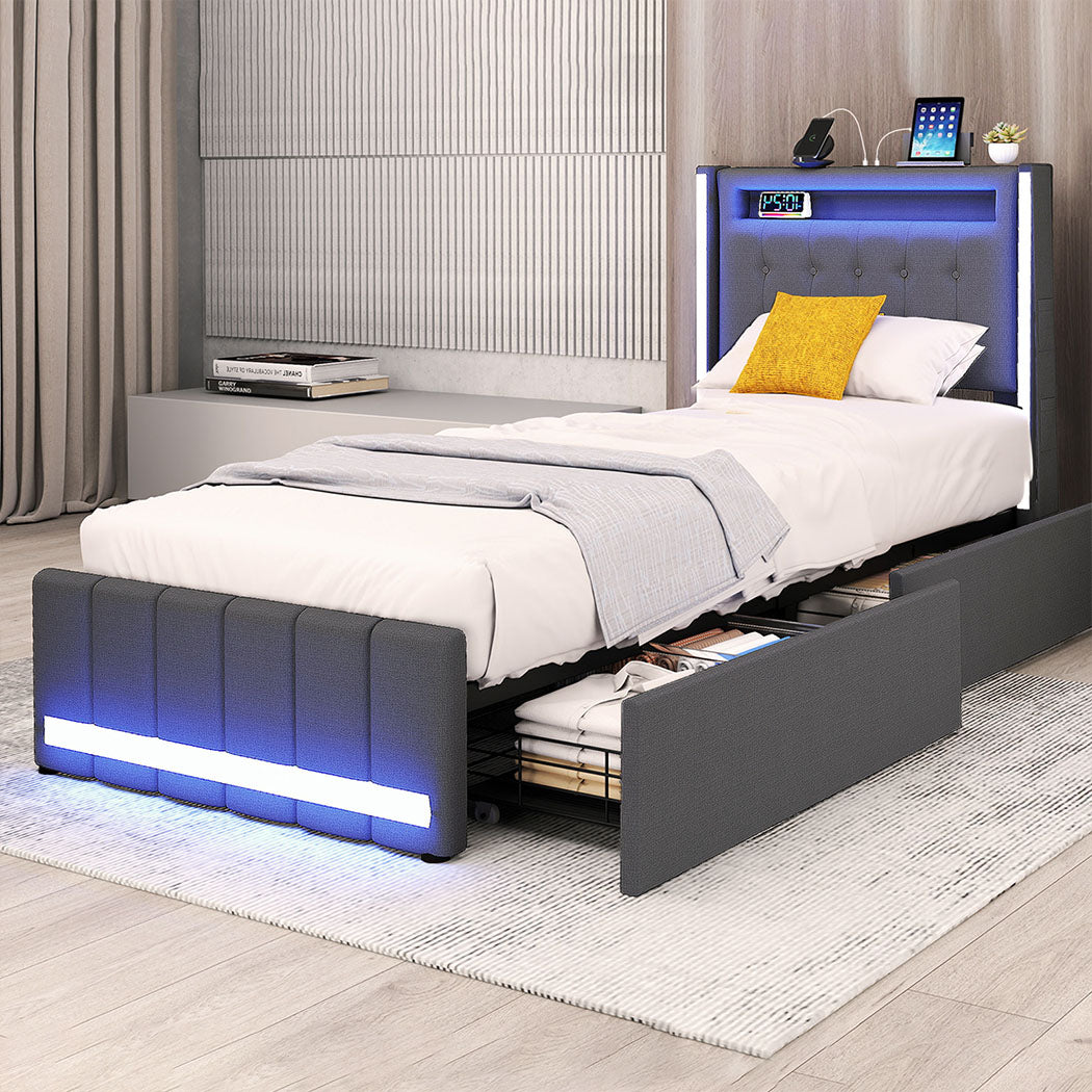 Levede Single Bed Frame Fabric Storage Drawer LED USB