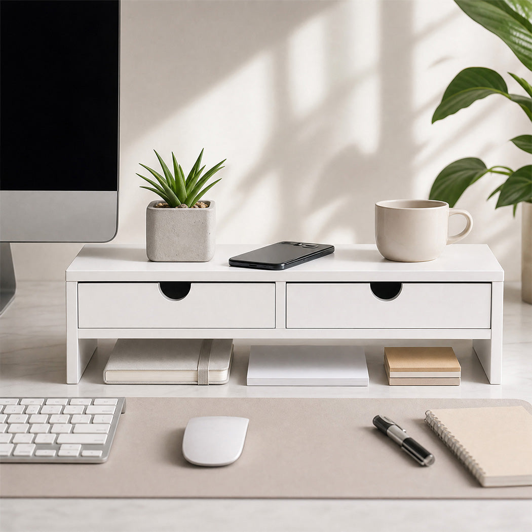 Levede Monitor Stand Riser with Dual Drawers 11cm Desk Shelf For Office White