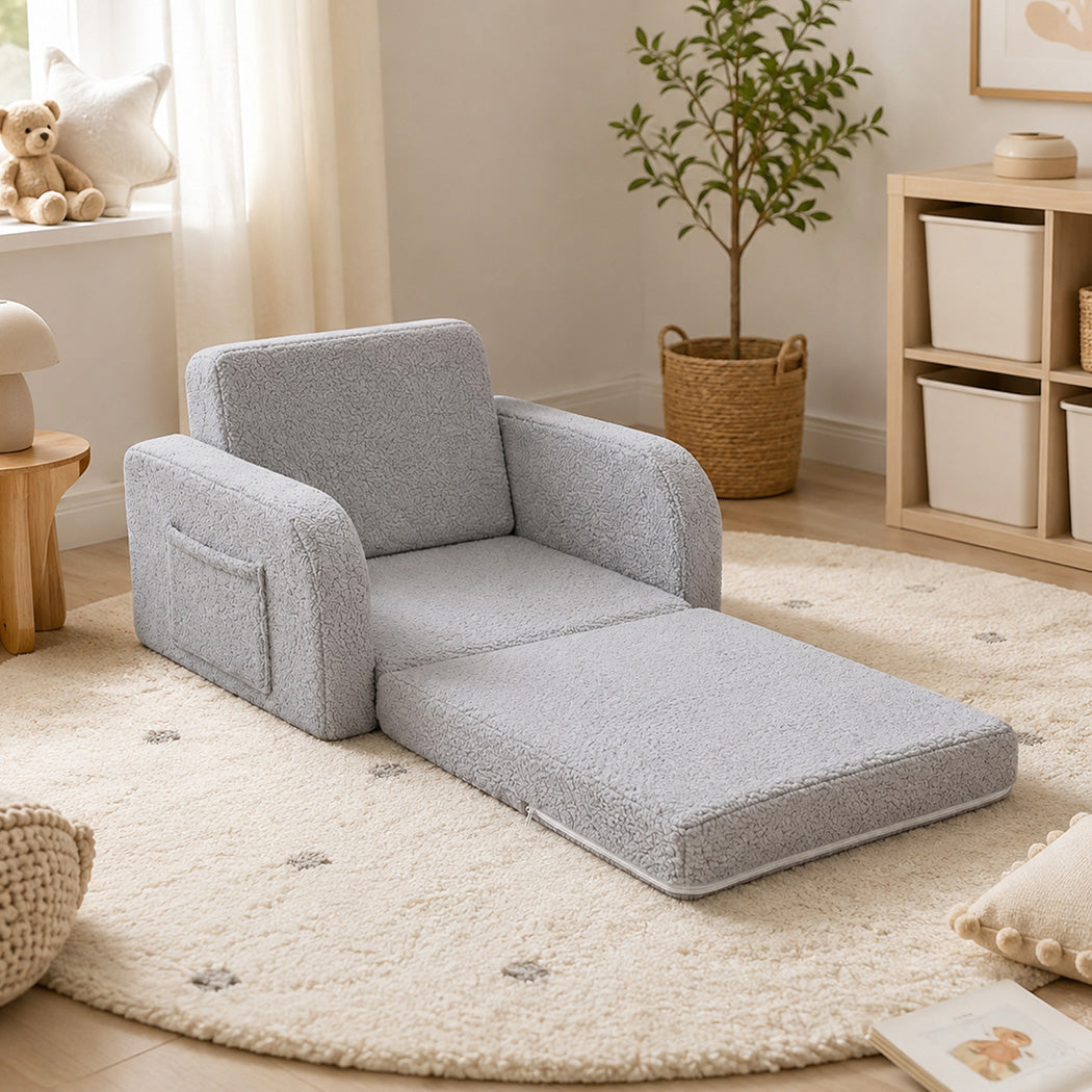 BoPeep Kids Sofa 3-In-1 Fold Out Toddler Chair Teddy Plush for Napping Gray
