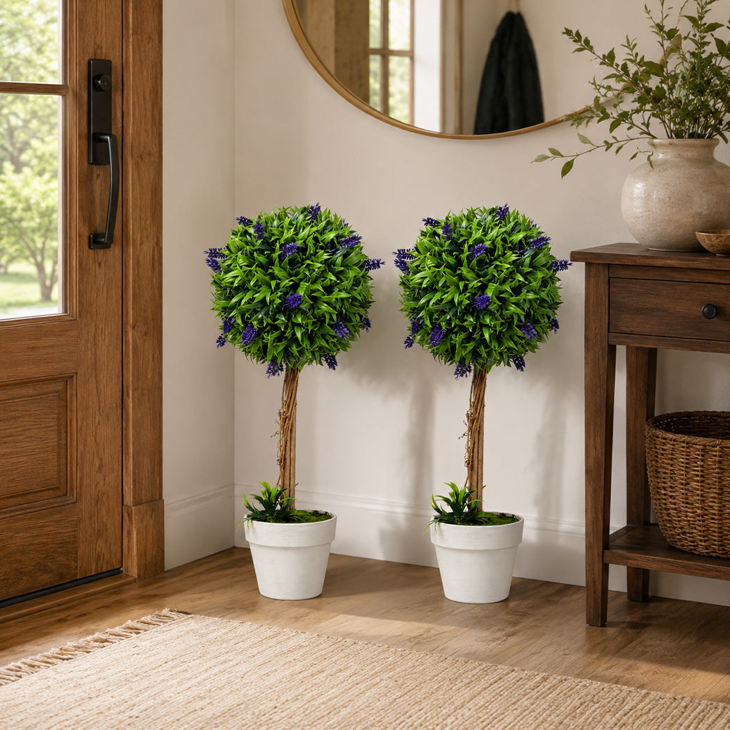 Lambu Artificial Plants Faux Lavender Topiary Set of 2 for Front Door Green