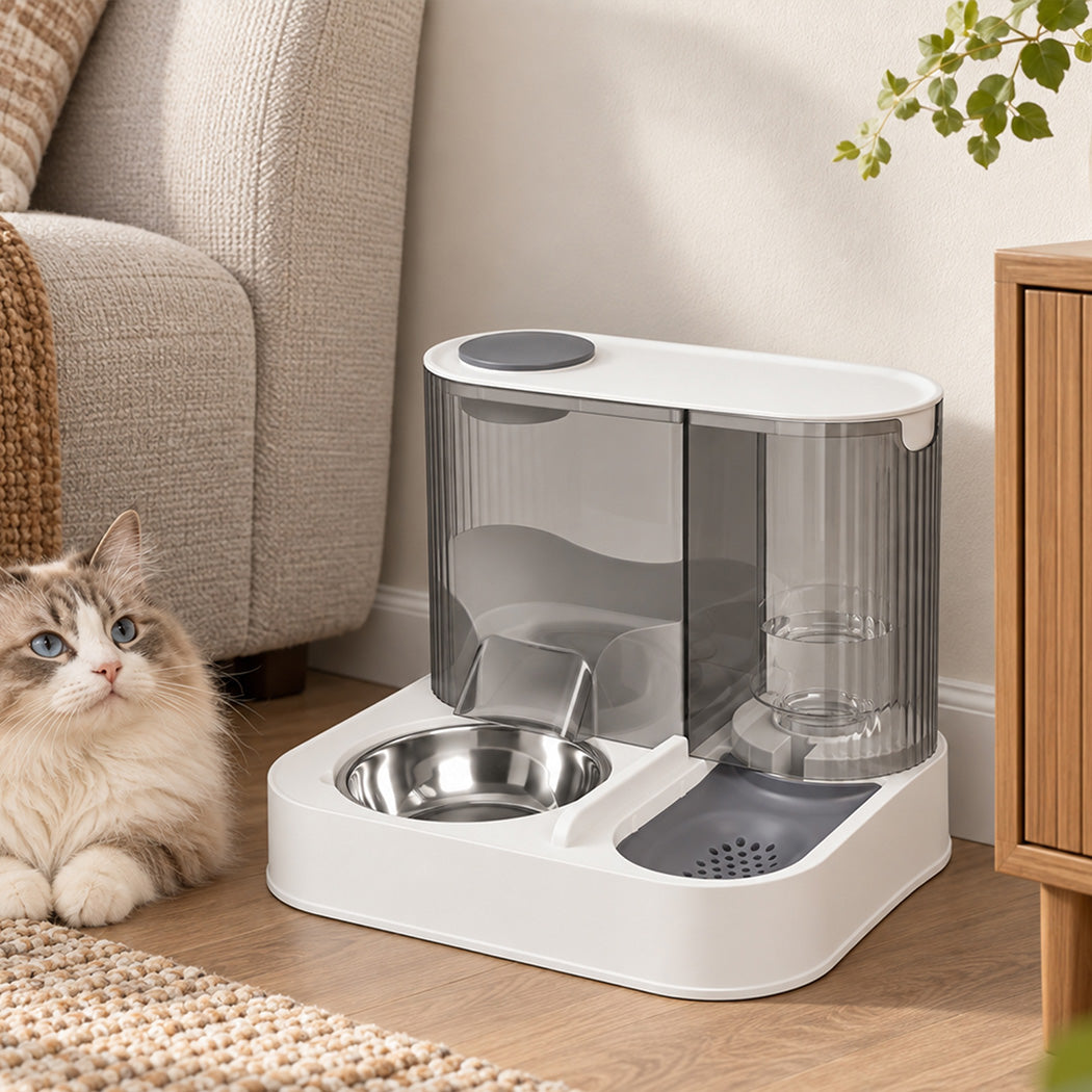 PaWz Automatic Cat Feeder Gravity Food and Water Dispenser for Home Travel White