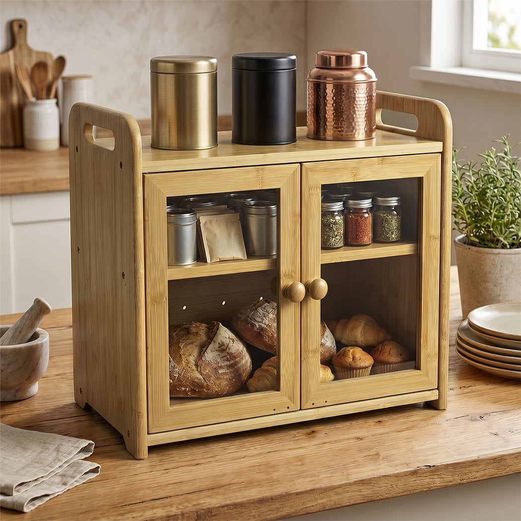 Toque Bread Bin 2 Tier Bamboo Bread Box Kitchen Counter Storage Container 20L