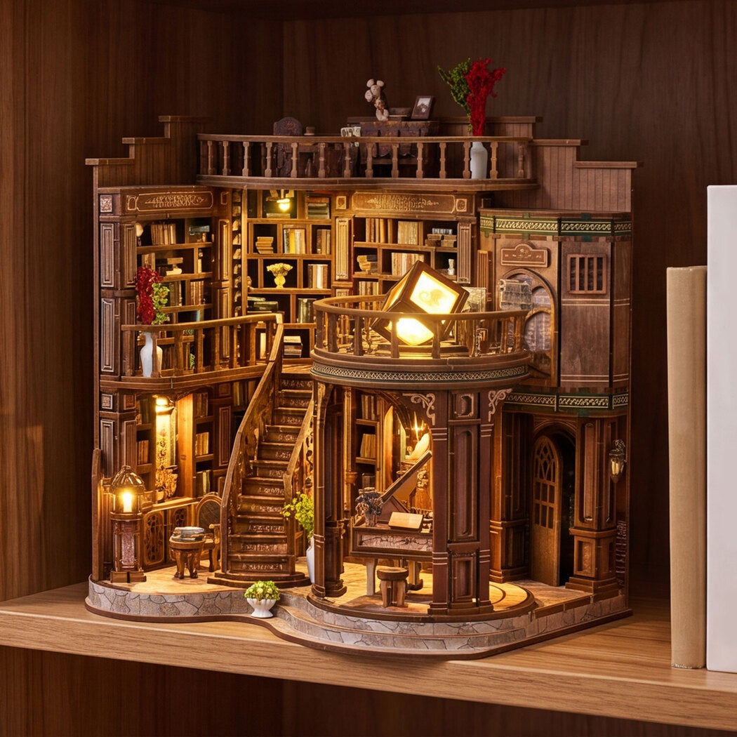 Bo Peep Book Nook Kit DIY Vintage Library with Warm LED 3D Wooden Puzzle Walnut